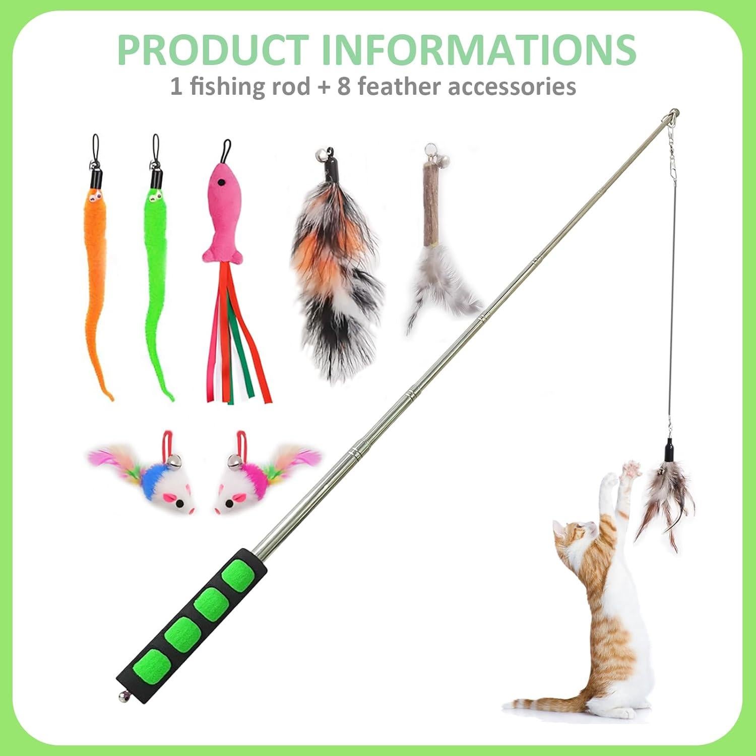 Polo de Pesca para Gatos Whefory con Pluma y Campana Verde