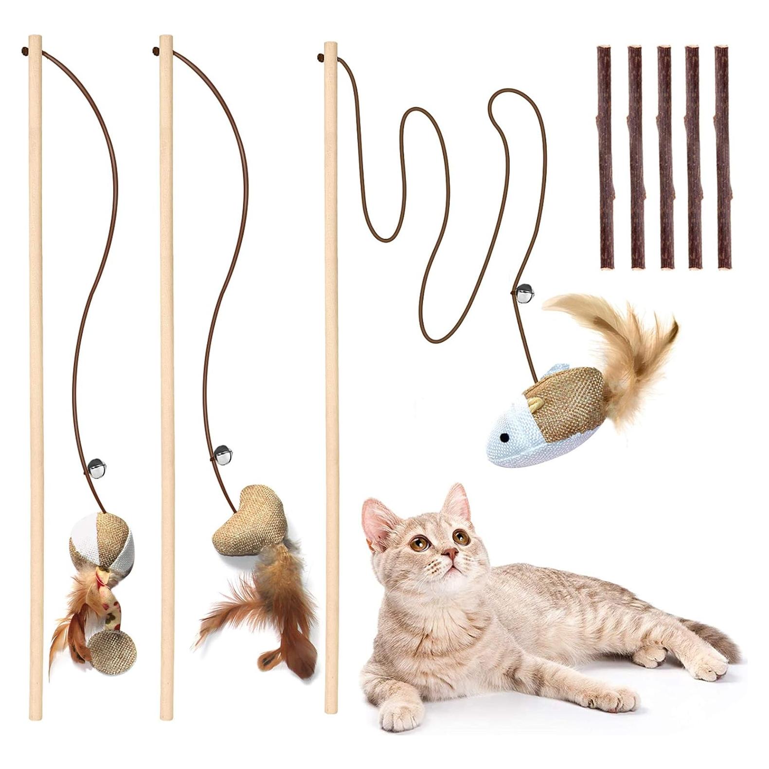 Juguete de Varita para Gatos KABB - 3 Piezas de Madera Natural