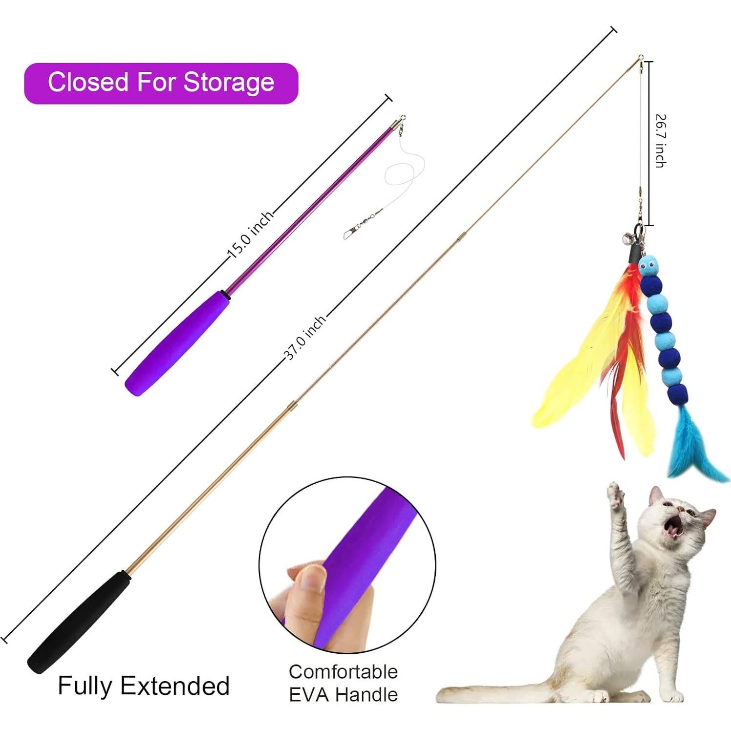 Juguetes Interactivos para Gatos Atosun - 2 Varitas Retráctiles y 10 Reemplazos