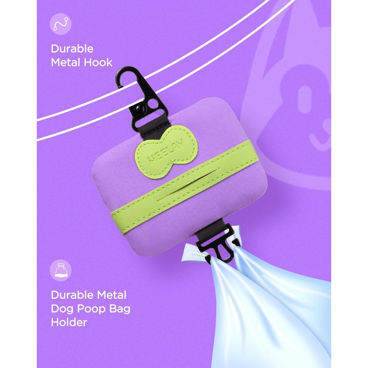 Dog Poop Bag Holder Mini,Hands Free Poop Bag Holder with Hook & Clip & Snap,Durable Leash Attachment for Dog Walking,Trash Bag, Bags EXCLUDED,Purple