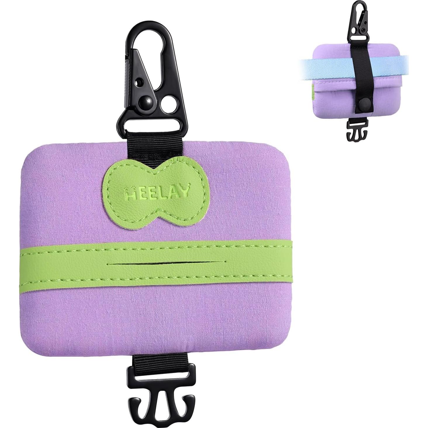 Dog Poop Bag Holder Mini,Hands Free Poop Bag Holder with Hook & Clip & Snap,Durable Leash Attachment for Dog Walking,Trash Bag, Bags EXCLUDED,Purple