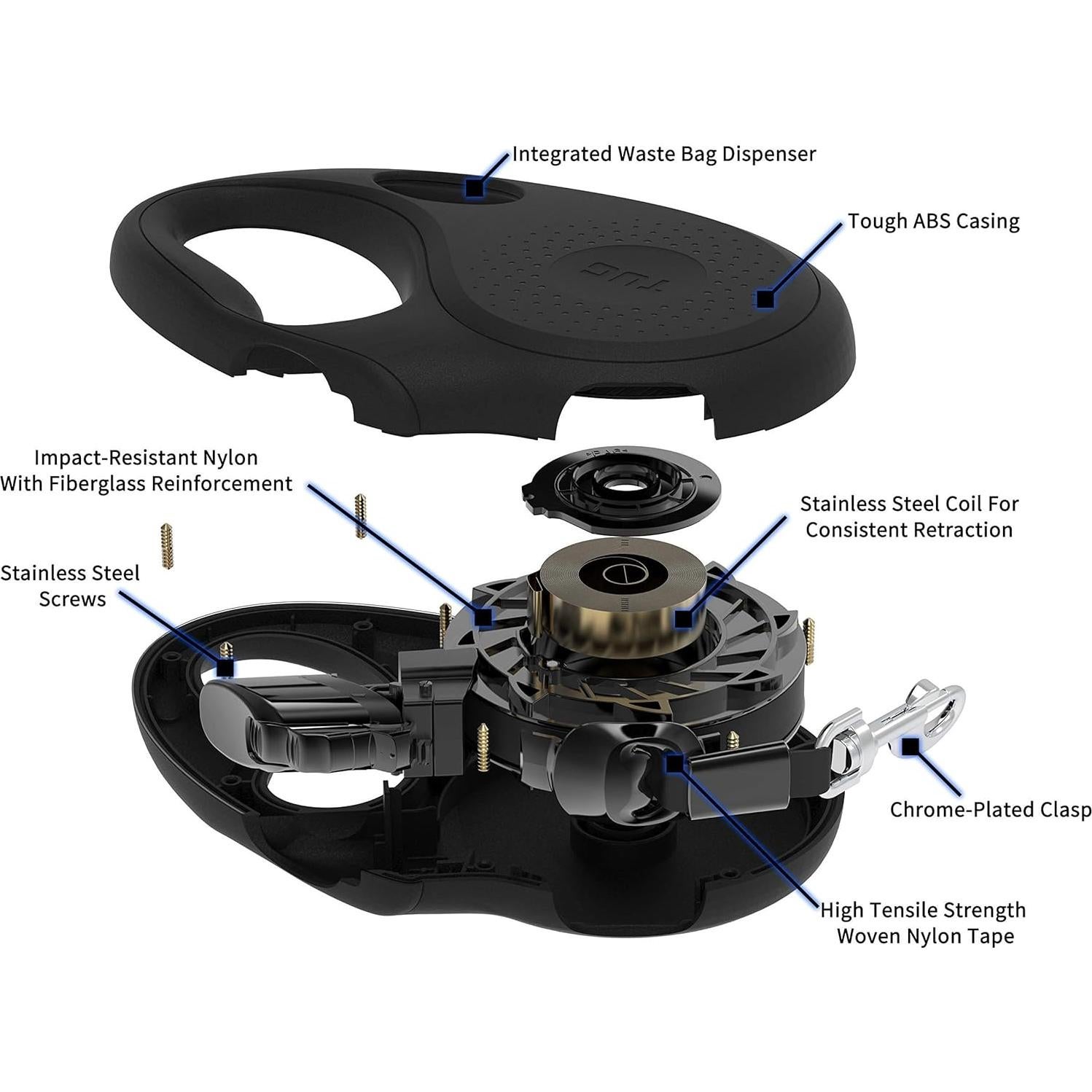 Correa Retráctil TUG Grande 4.88m Negro con Dispensador