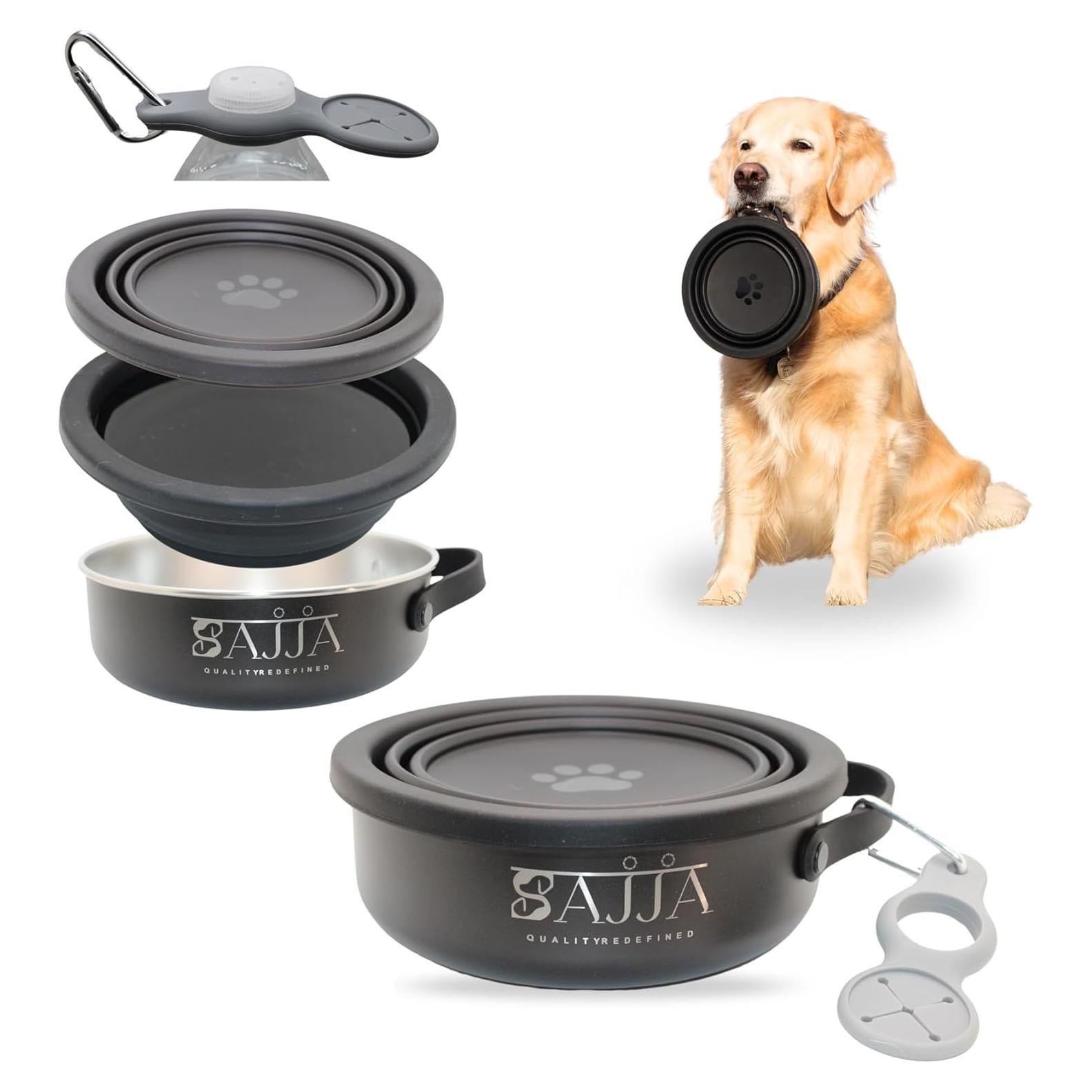 Tazón de viaje para perros Sajja 3 en 1 acero inoxidable antideslizante
