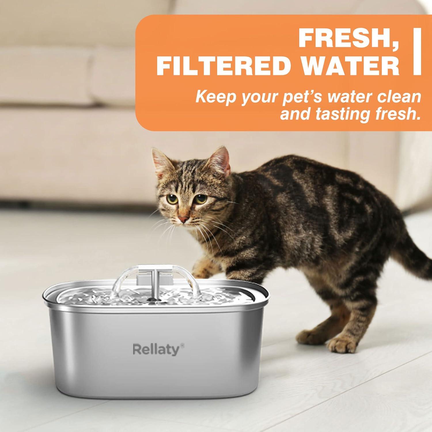 Fuente de Agua para Gatos Rellaty Acero Inoxidable 3.2L + 8 Filtros