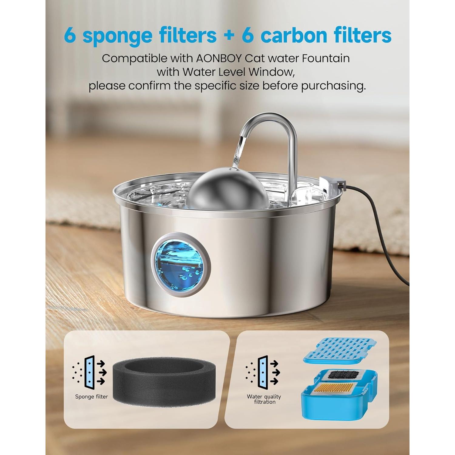 Filtros de Agua para Gatos AONBOY S3-SC, 6 Filtros + 6 Esponjas