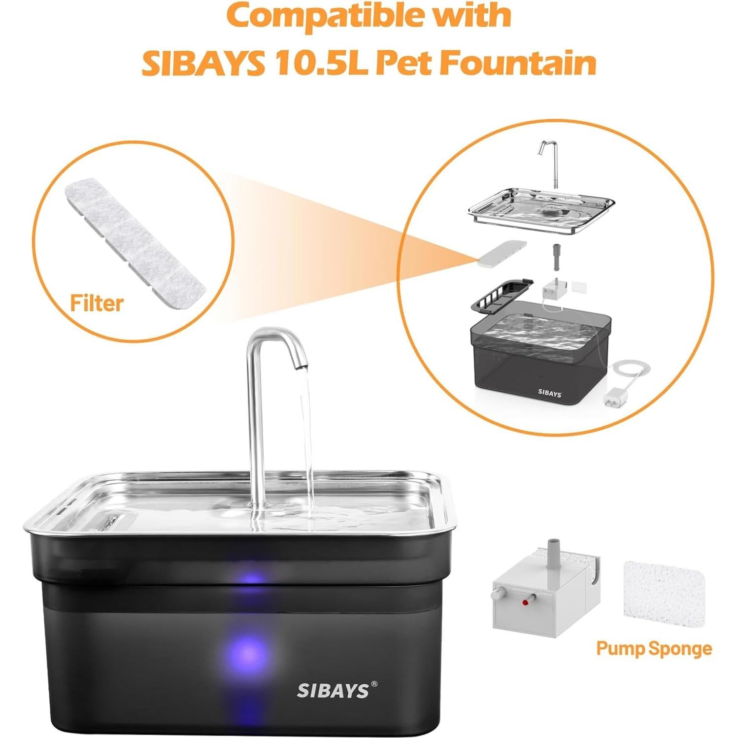 Paquete de 8 Filtros y 8 Esponjas SIBAYS para Fuente de Agua