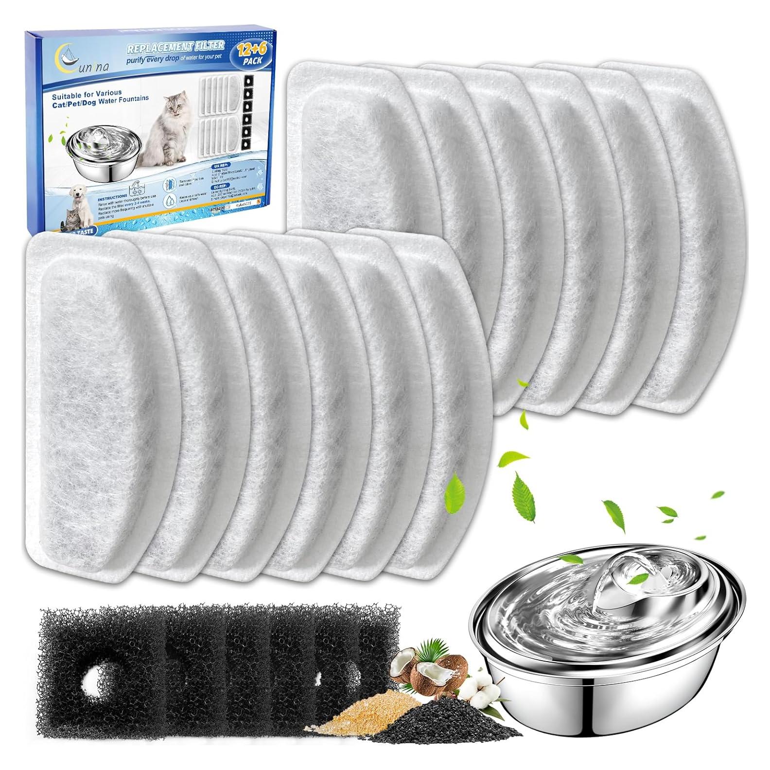 Paquete de 12 Filtros + 6 Esponjas para Fuente de Agua Cunina D30