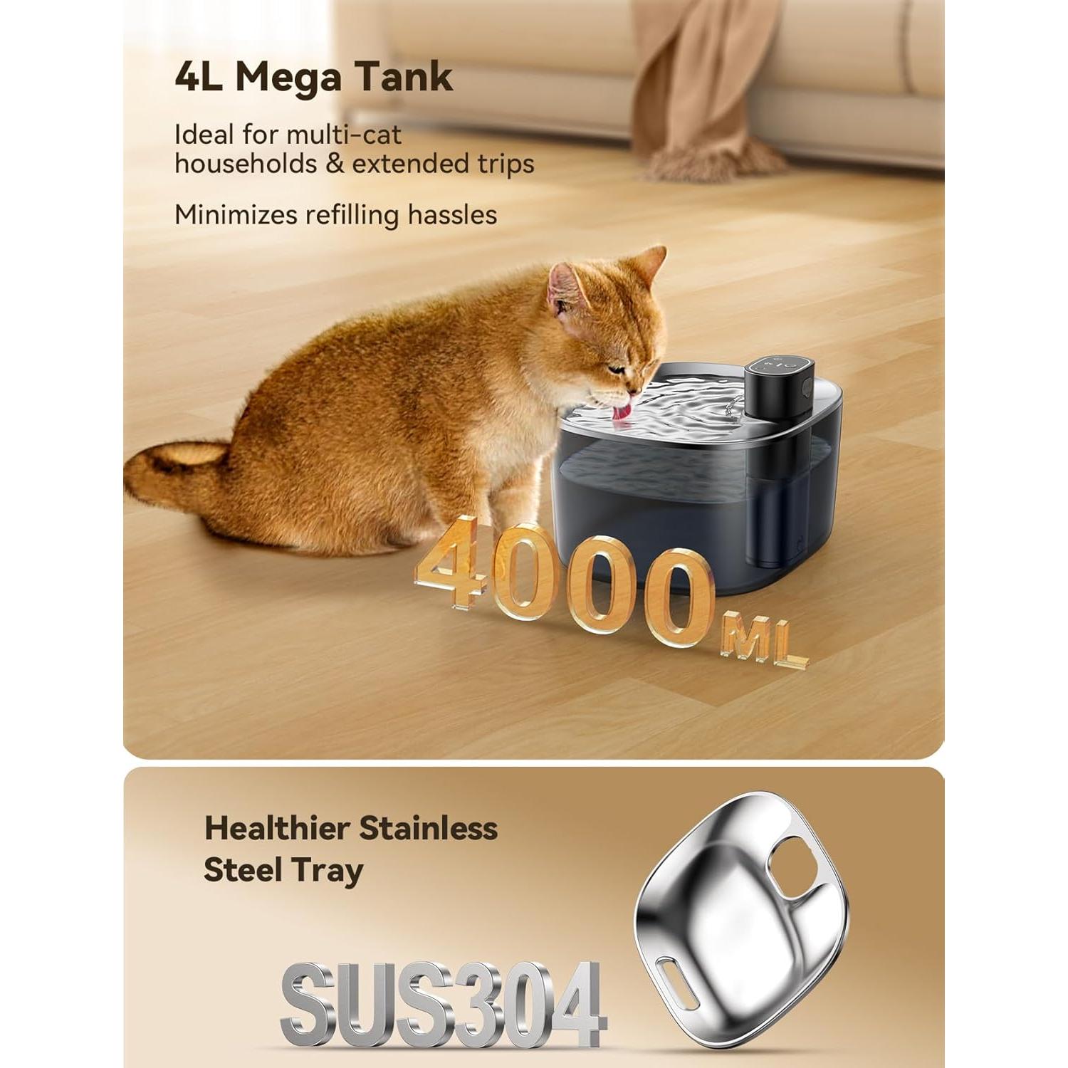 Fuente de Agua Inalámbrica para Gatos FEELNEEDY 4L Acero Inoxidable