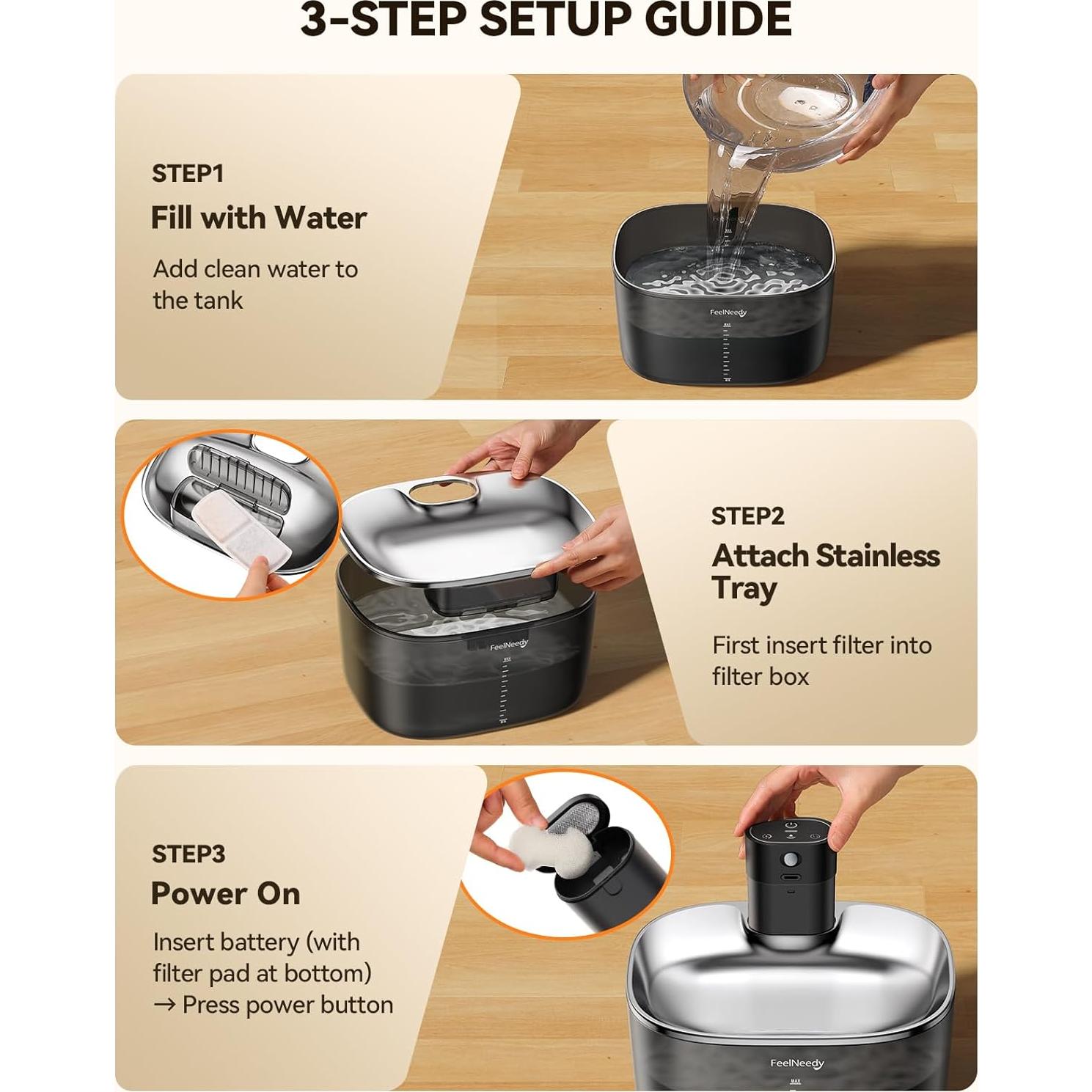 Fuente de Agua Inalámbrica para Gatos FEELNEEDY 4L Acero Inoxidable