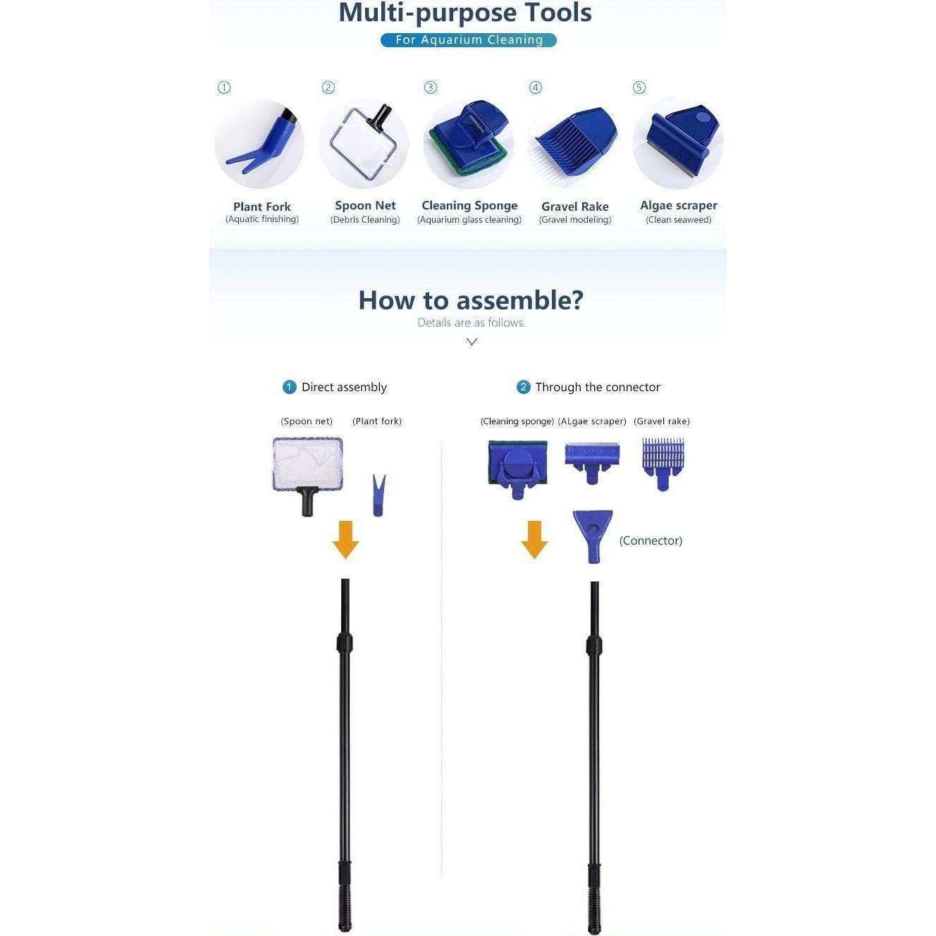 Kit de limpieza 5 en 1 para acuario AquaticHI, extensible 54 a 80 cm