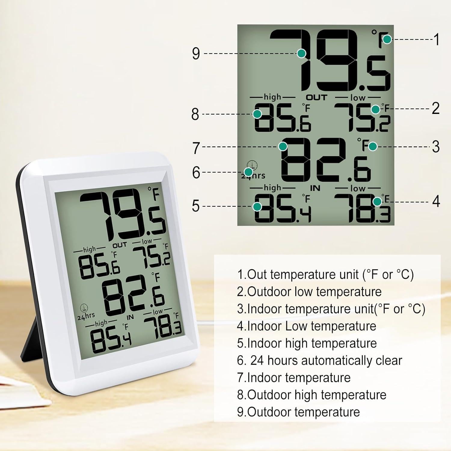 Termómetro Digital Urageuxy Interior y Exterior con Sonda 2m