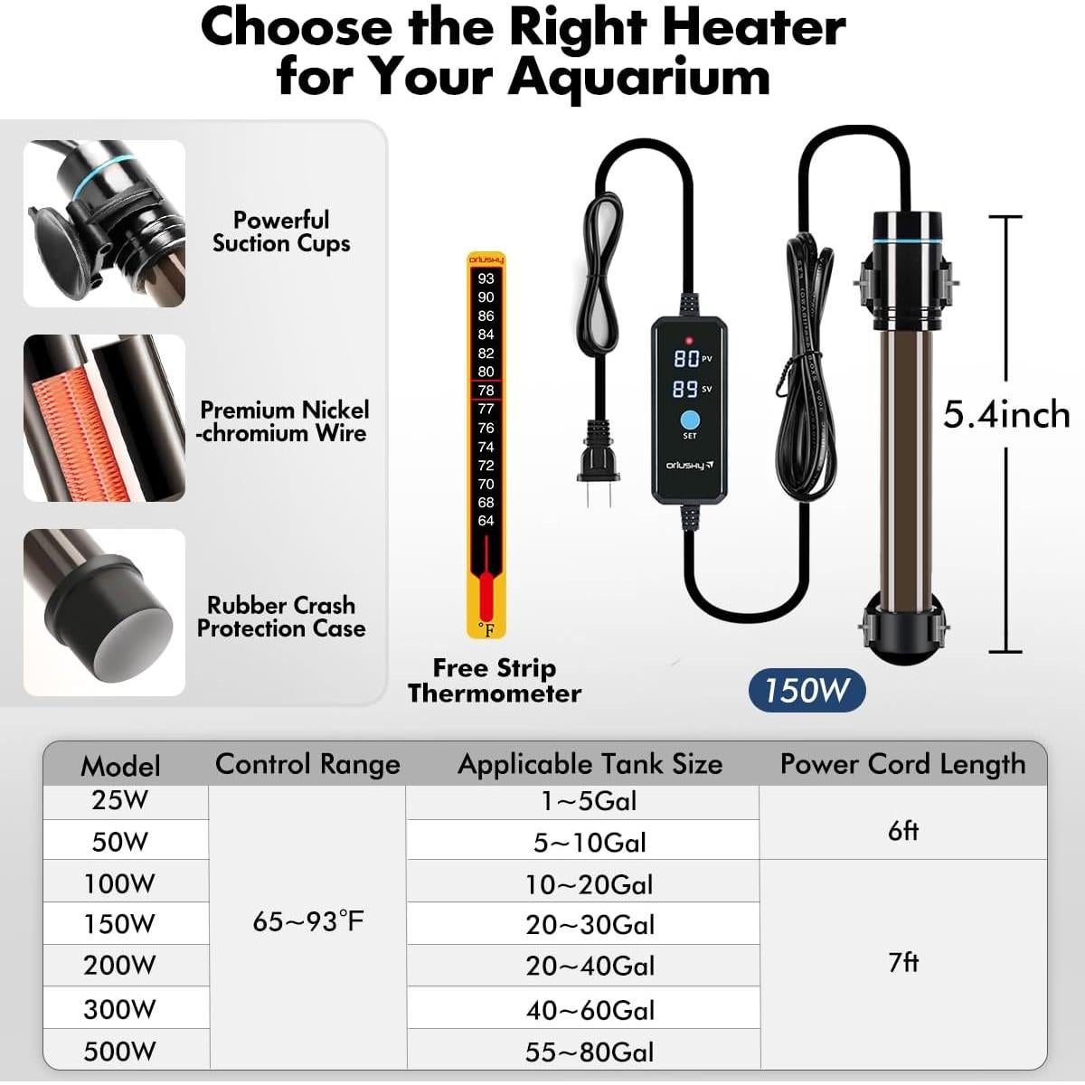 Calentador de Acuario Orlushy 150W con Control Digital y Termómetro