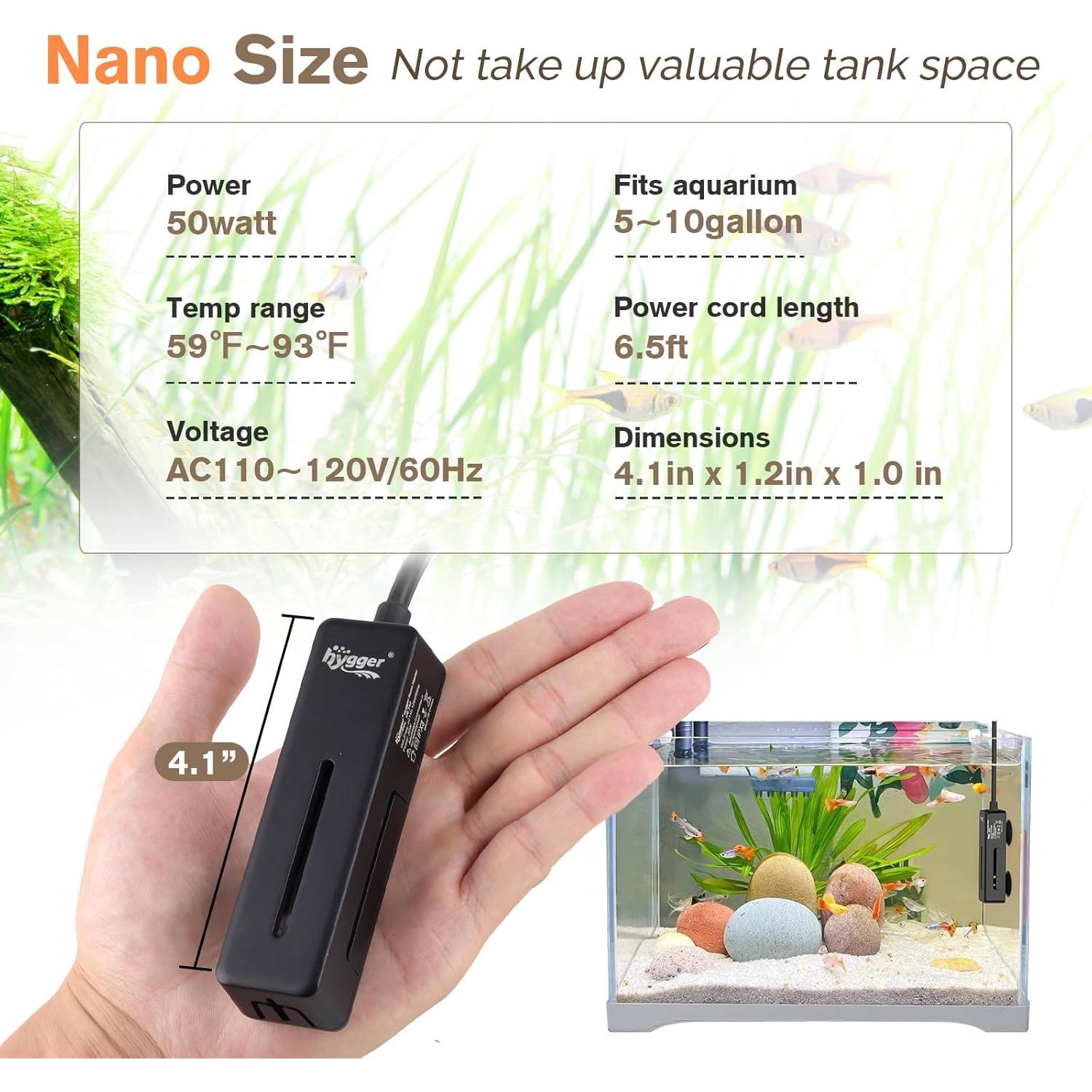 Calentador Sumergible Hygger 50W para Acuarios 19-38L