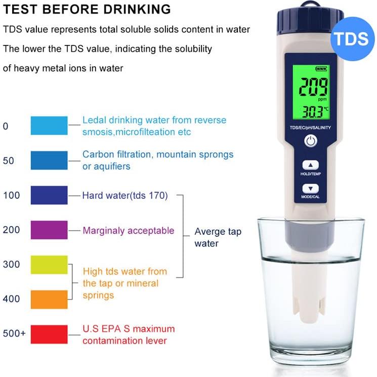 Medidor de Salinidad y pH Digital Hofun 5 en 1 para Agua
