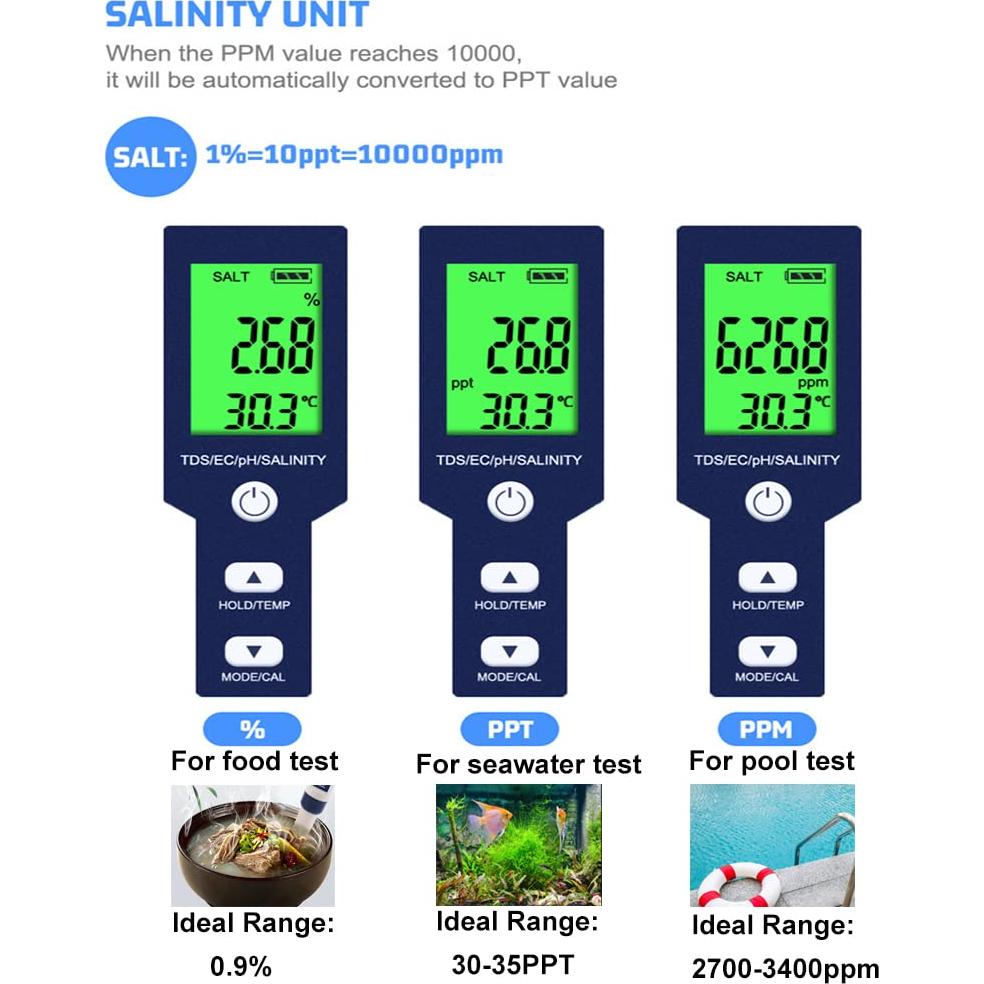 Medidor de Salinidad y pH Digital Hofun 5 en 1 para Agua