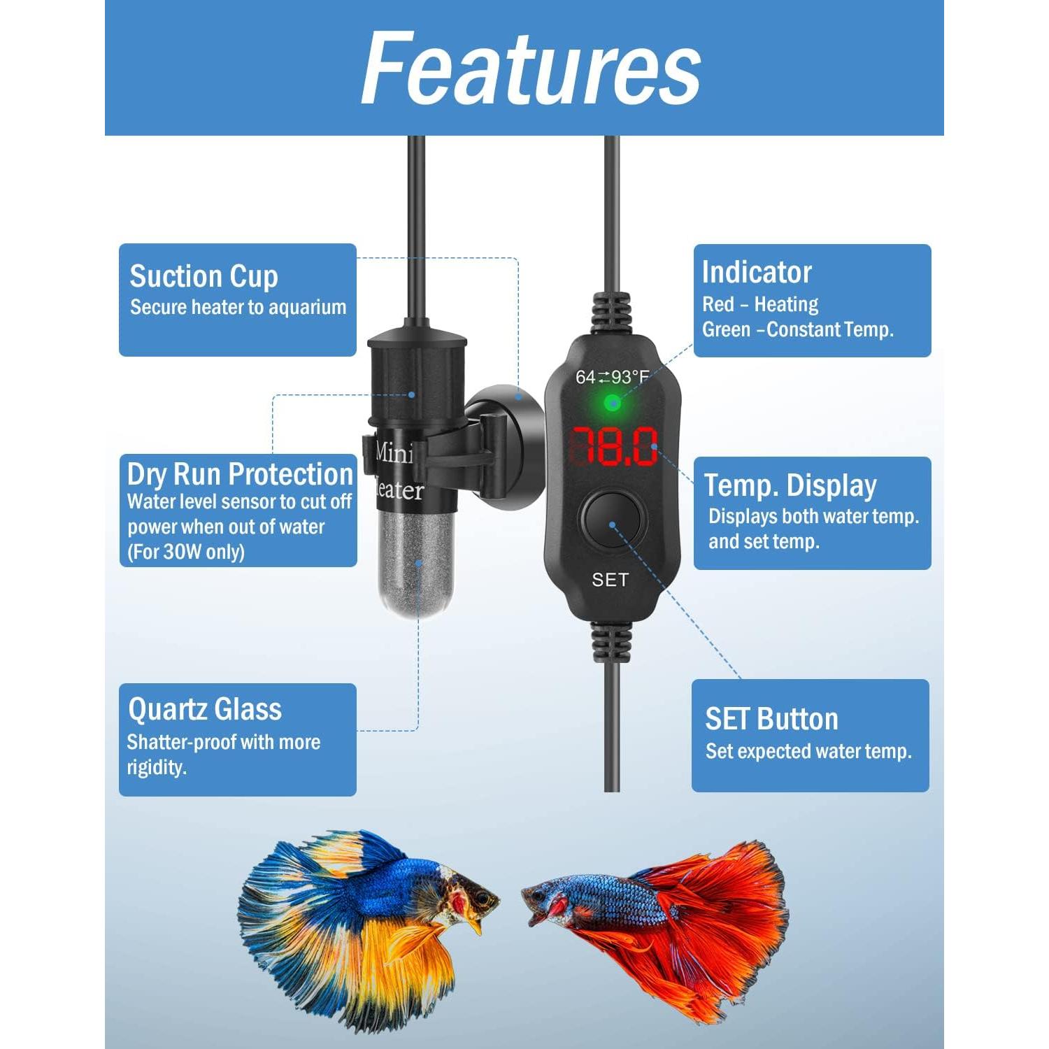 Calentador de Acuario Submersible AquaMiracle 20W Mini 2-4 Galones