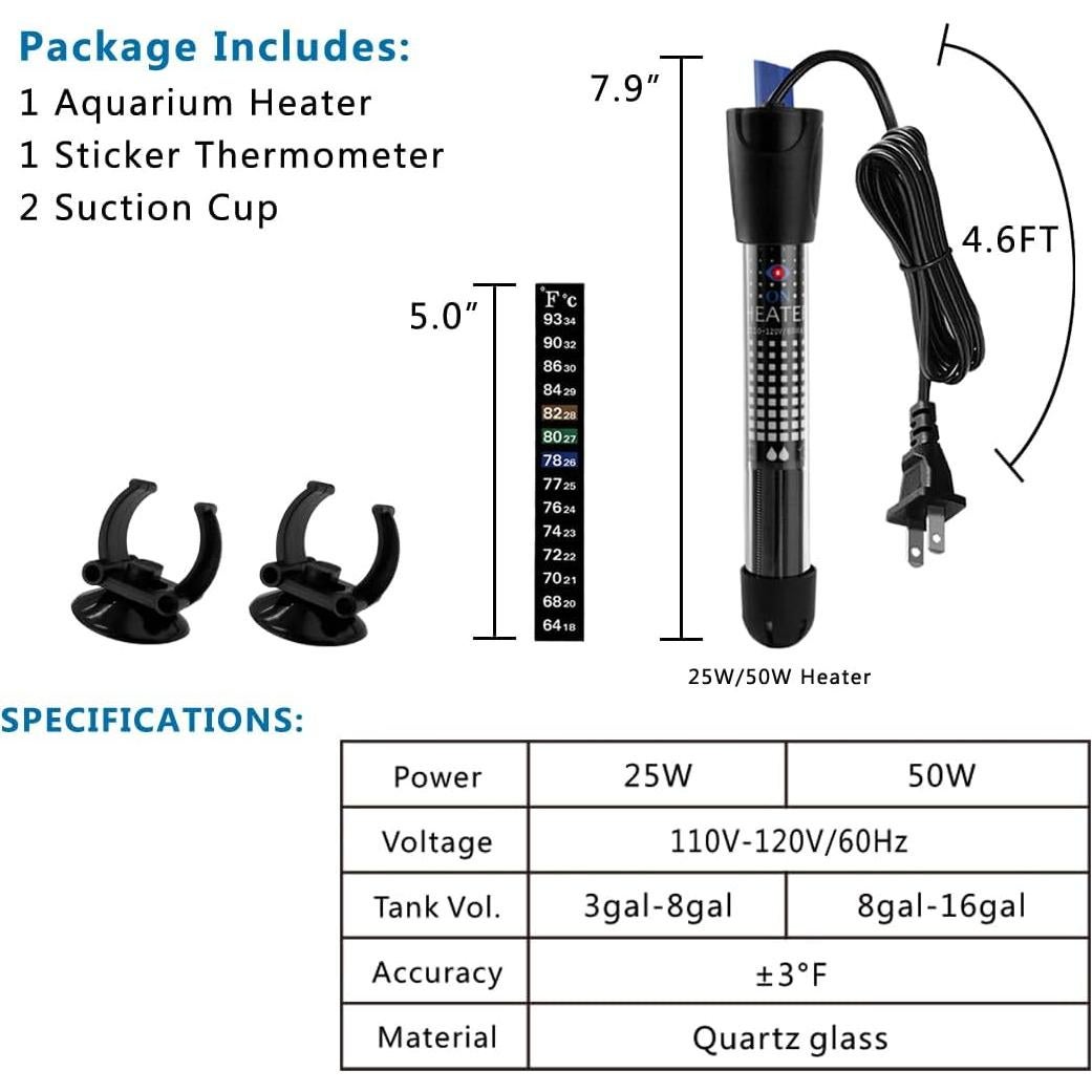 Calentador de Acuario DOMICA 50W Sumergible 30-60L con Termómetro