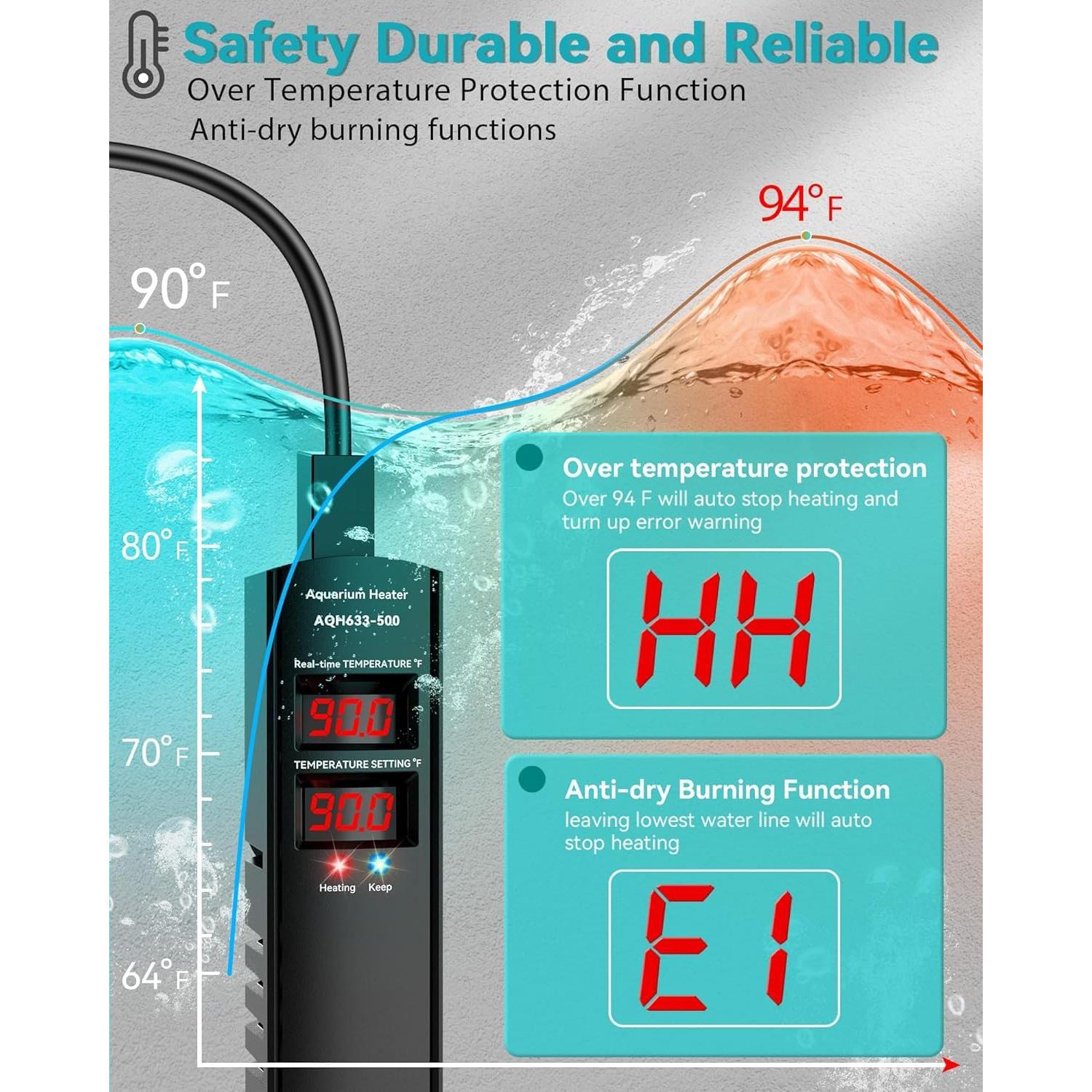 Calentador de Acuario AHJ 500W para 284-454 Litros con Control Preciso