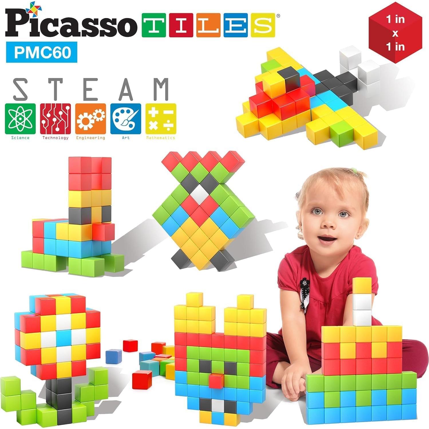 PicassoTiles Set de Cubos Magnéticos 60 Piezas 3D STEM
