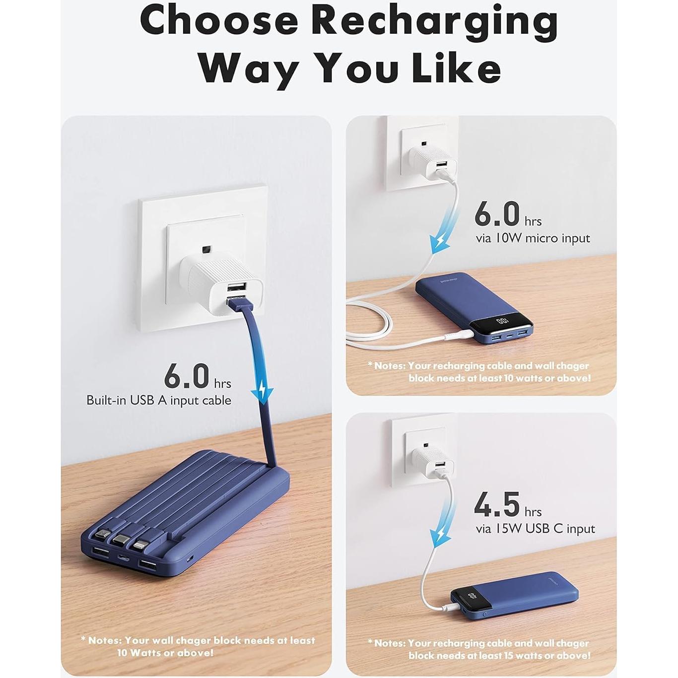 Cargador Portátil Charmast 10000mAh 6 Salidas Cables Integrados