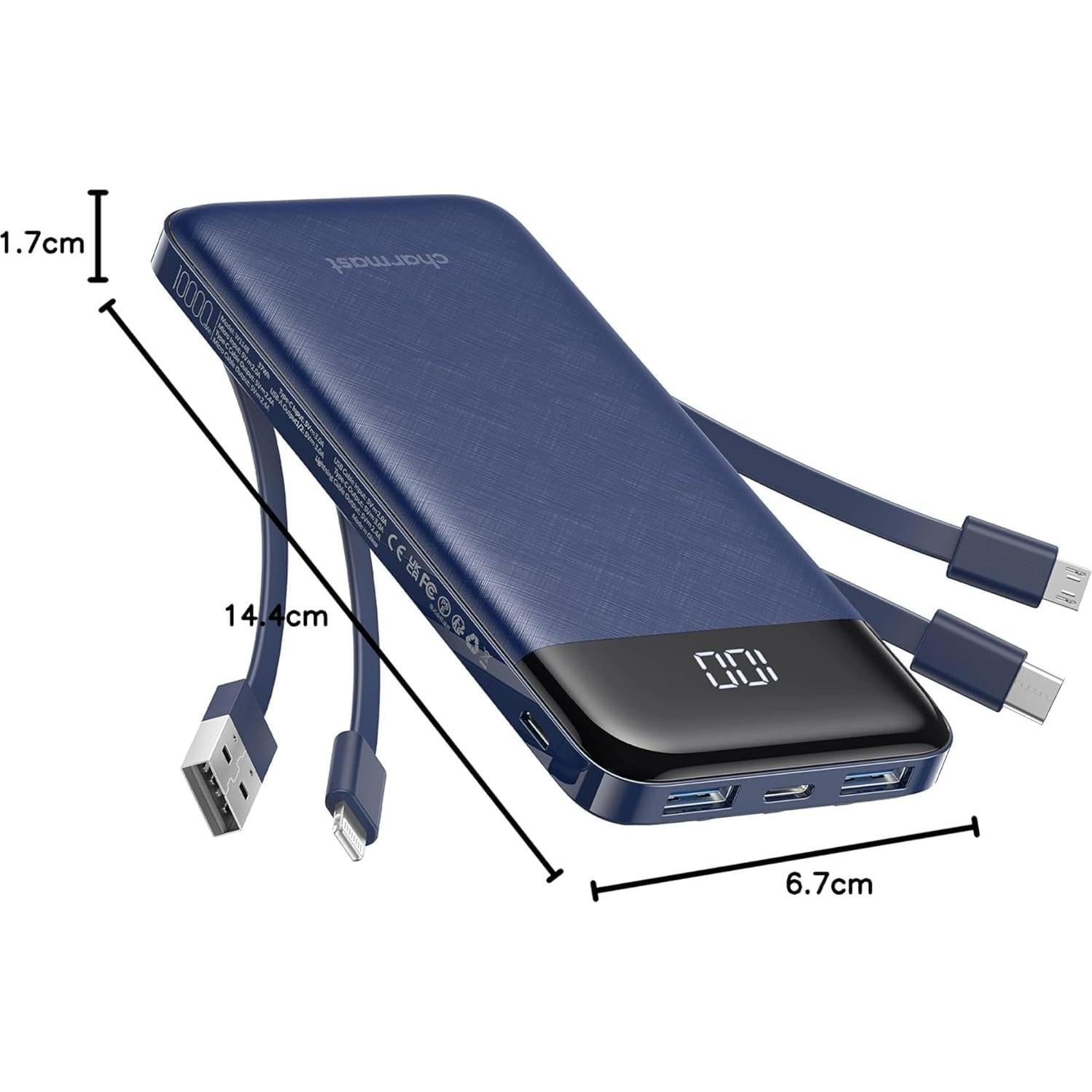 Cargador Portátil Charmast 10000mAh 6 Salidas Cables Integrados