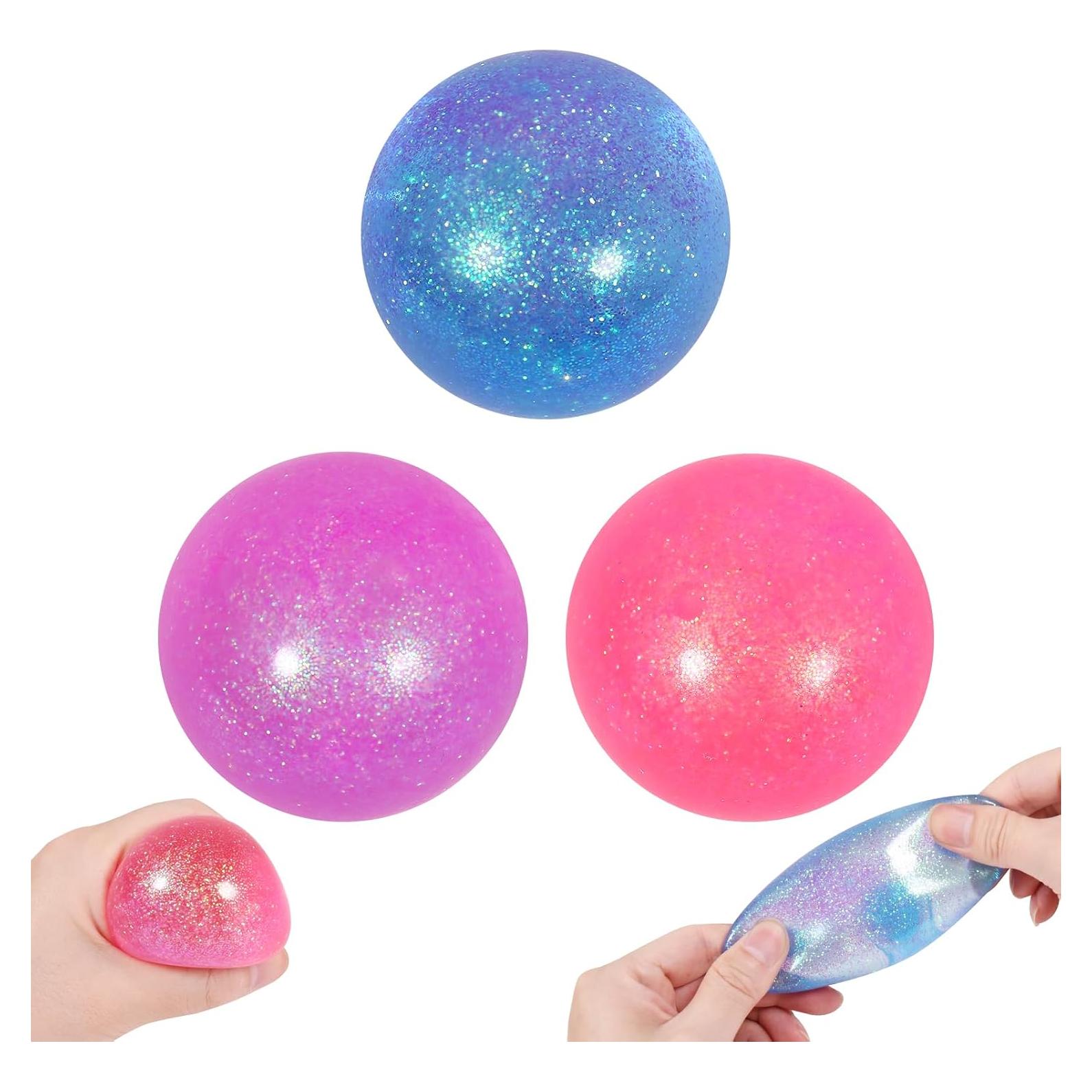 3 Bolas Antiestrés Rellenas de Brillo 6.35 cm para Niños y Adultos
