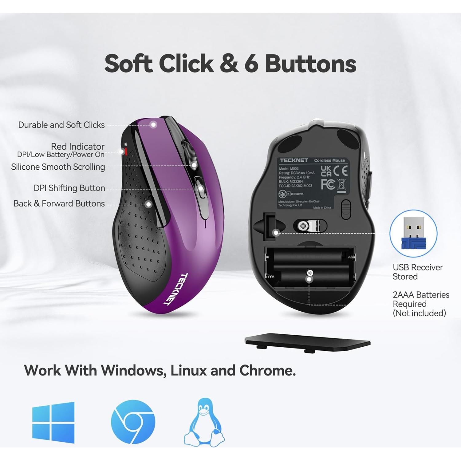 Ratón Inalámbrico TECKNET EWM01005PA01 Silencioso 6 DPI Púrpura