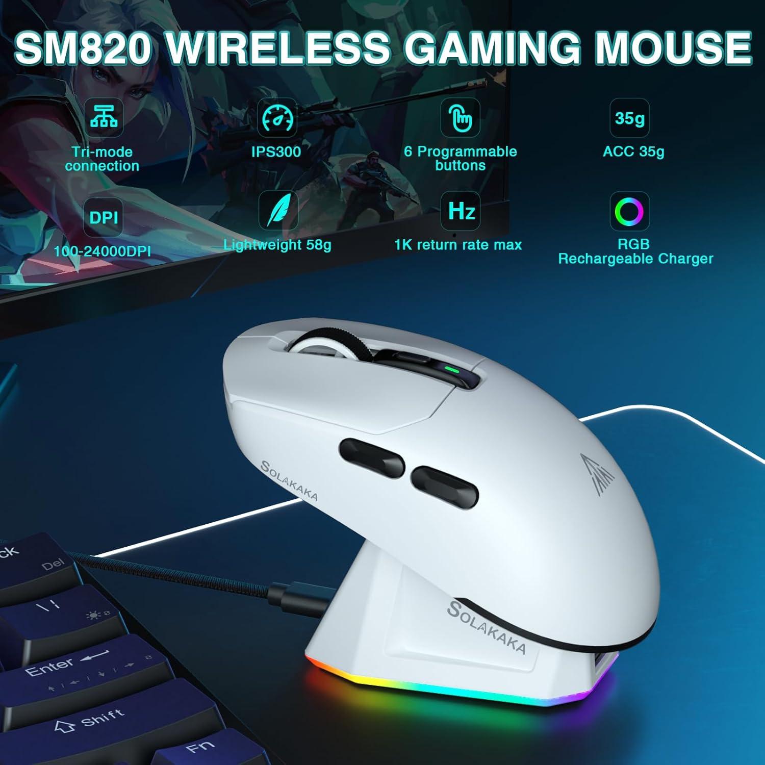 Ratón Gaming Inalámbrico SOLAKAKA SM820 24000 DPI RGB Blanco