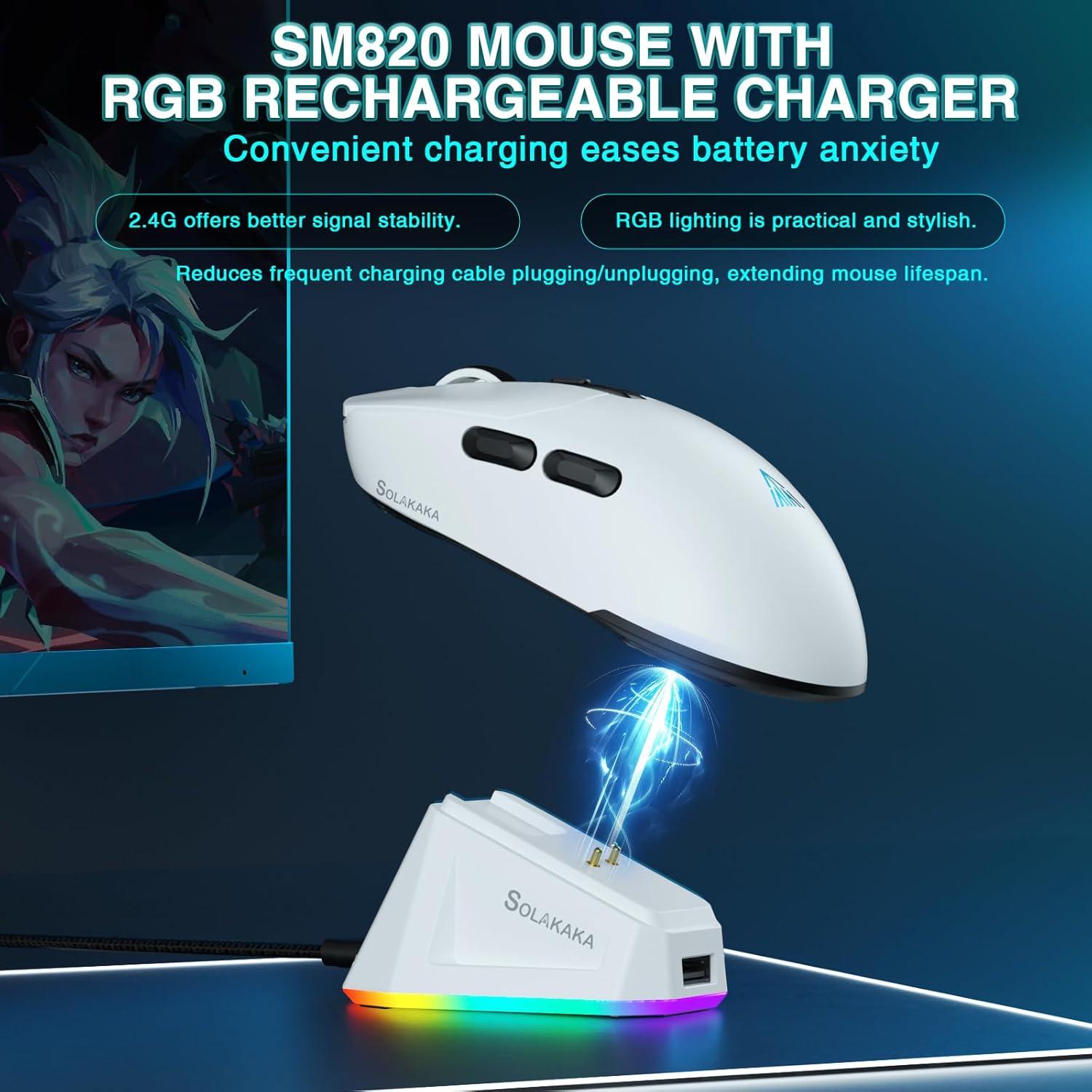 Ratón Gaming Inalámbrico SOLAKAKA SM820 24000 DPI RGB Blanco