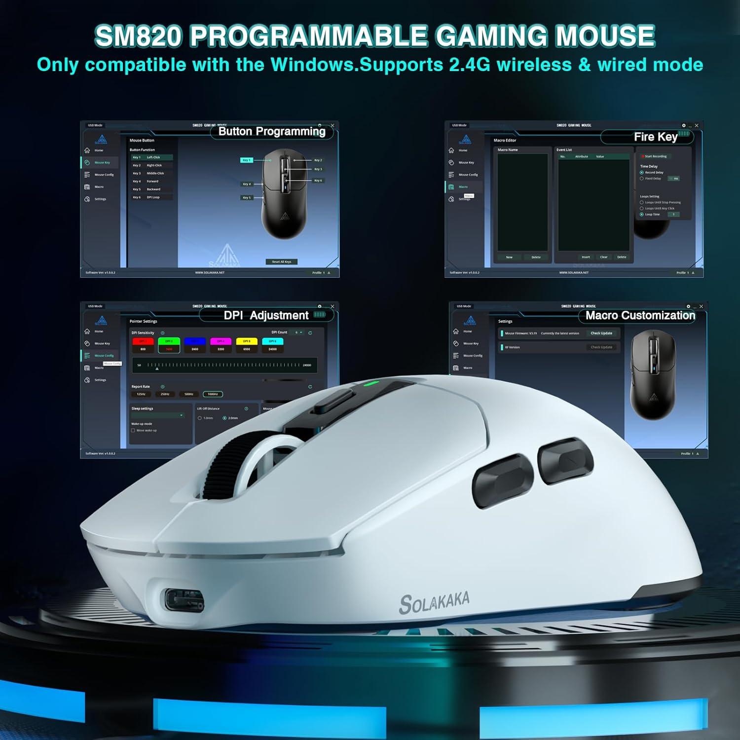 Ratón Gaming Inalámbrico SOLAKAKA SM820 24000 DPI RGB Blanco
