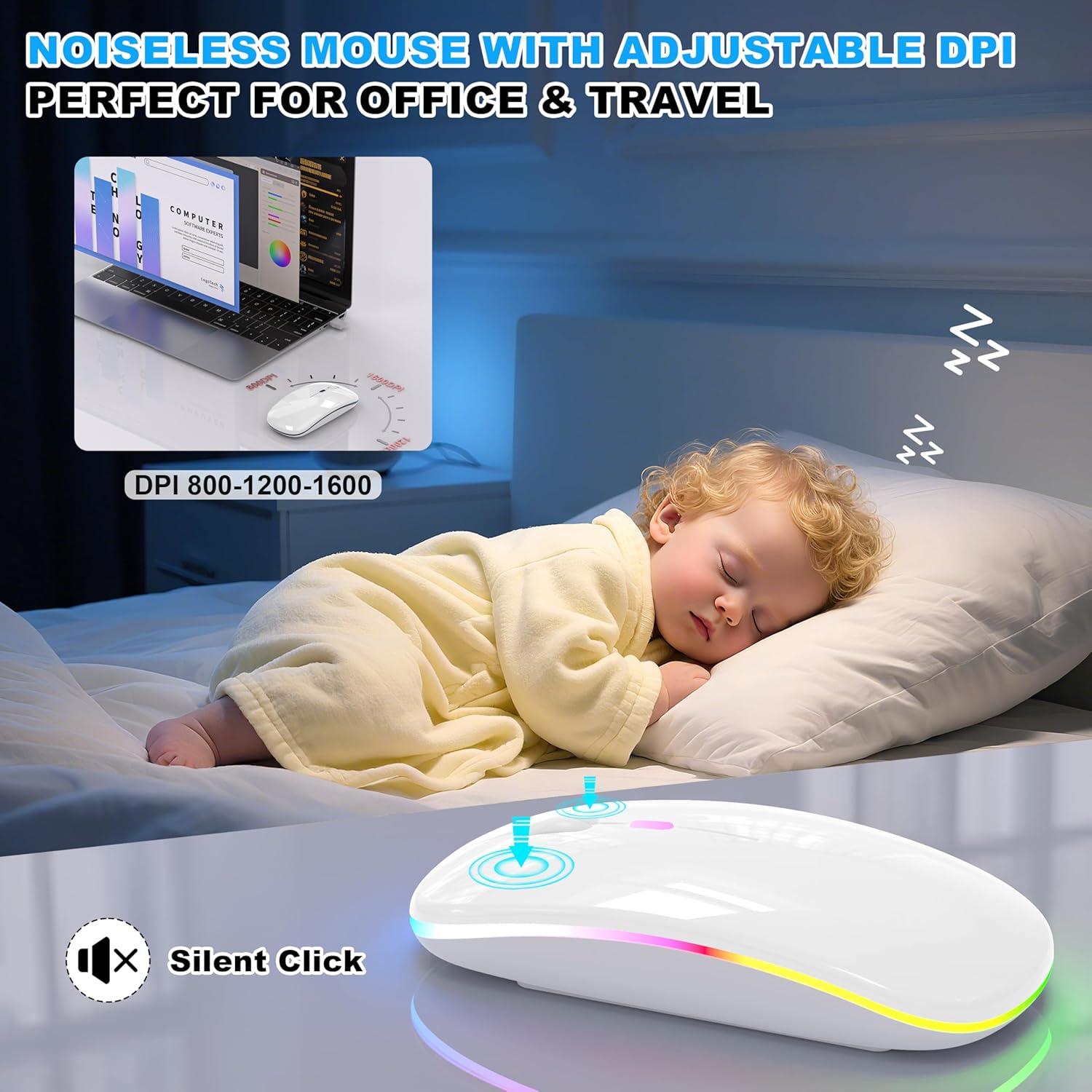 Ratón Inalámbrico Bluetooth LED Azmall - Blanco, Recargable, 1600 DPI