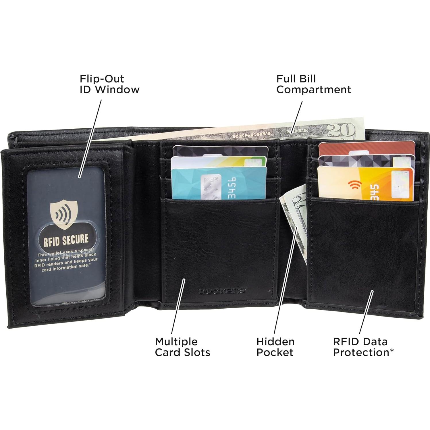 Billetera Trifold Dockers Hombre Cuero Negro RFID 12 Tarjetas
