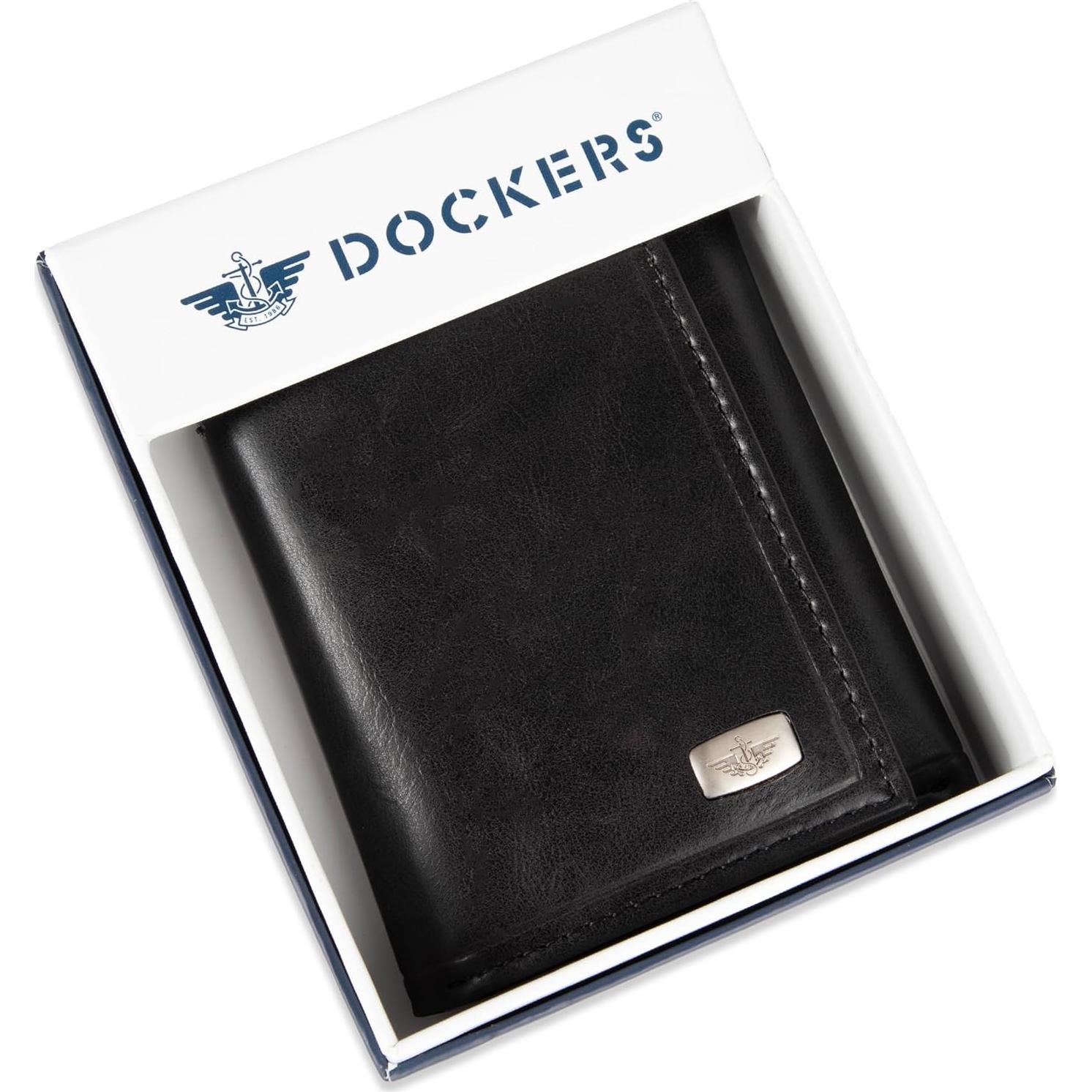 Billetera Trifold Dockers Hombre Cuero Negro RFID 12 Tarjetas