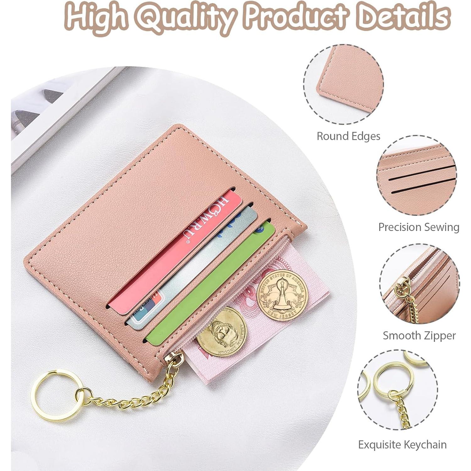 Credit Card Holder Slim Wallet, Small RFID Blocking Leather Wallets for Women, Thin Coin Pocket Card Organizer (Pink)