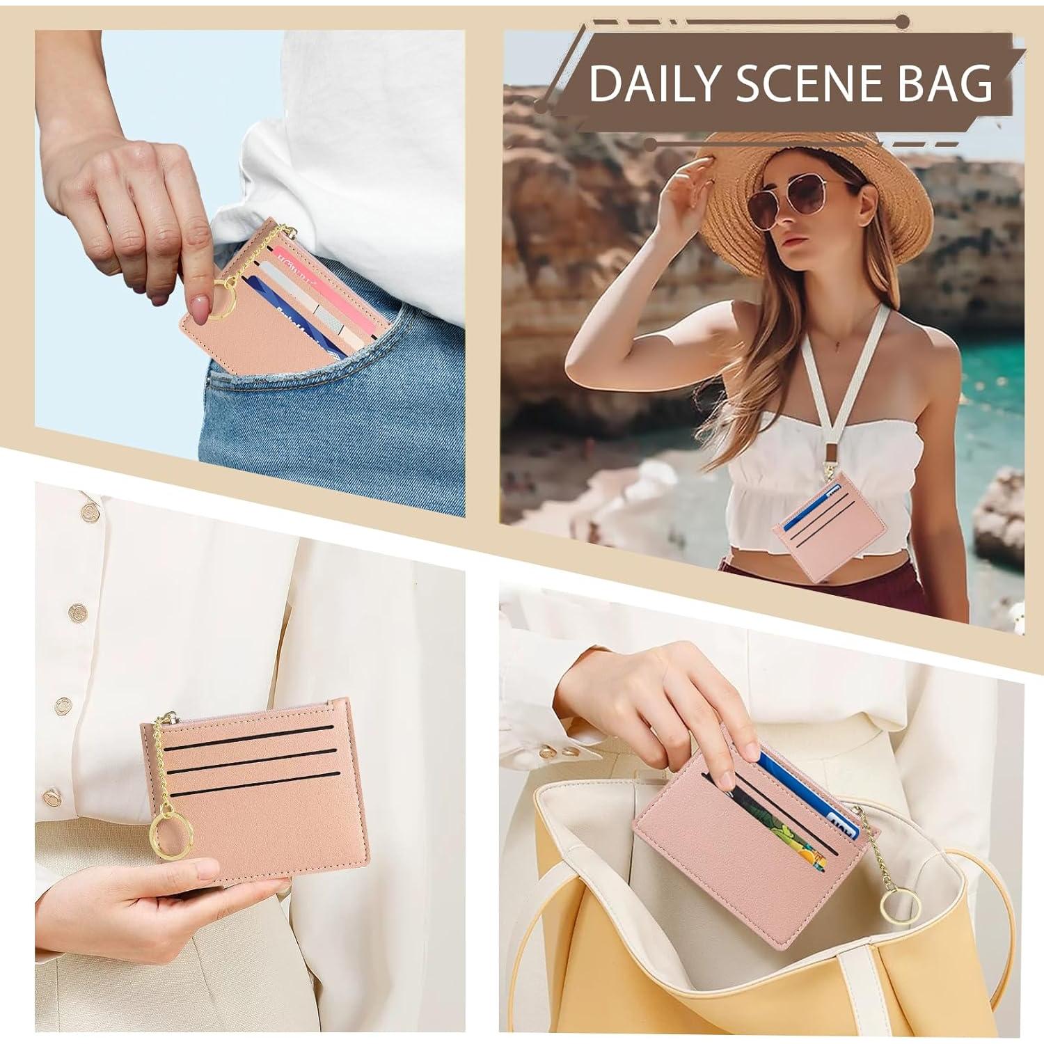 Credit Card Holder Slim Wallet, Small RFID Blocking Leather Wallets for Women, Thin Coin Pocket Card Organizer (Pink)