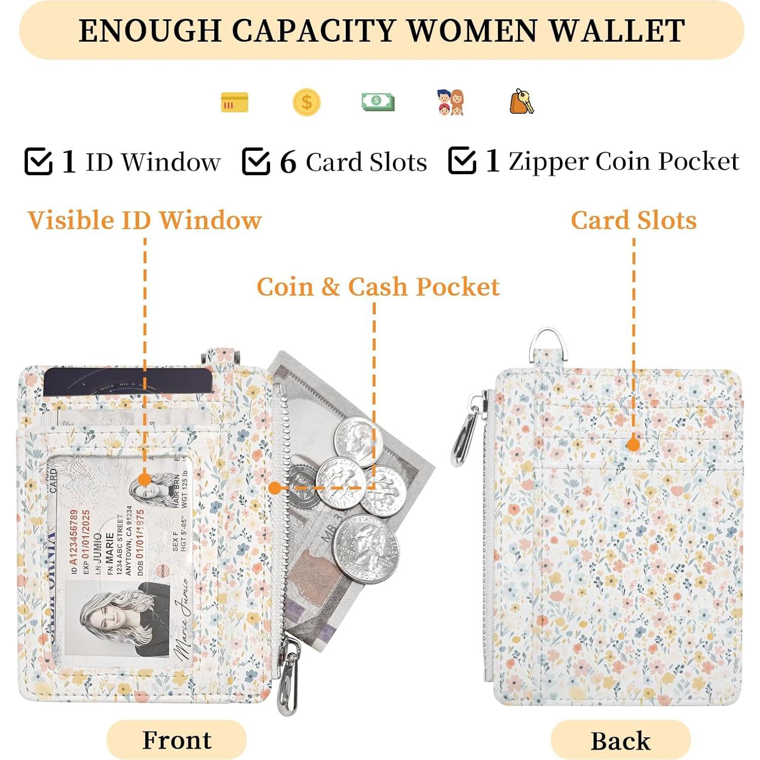 Cartera Slim Hancynir Flores Blancas RFID para Mujeres 11.2x8.5cm