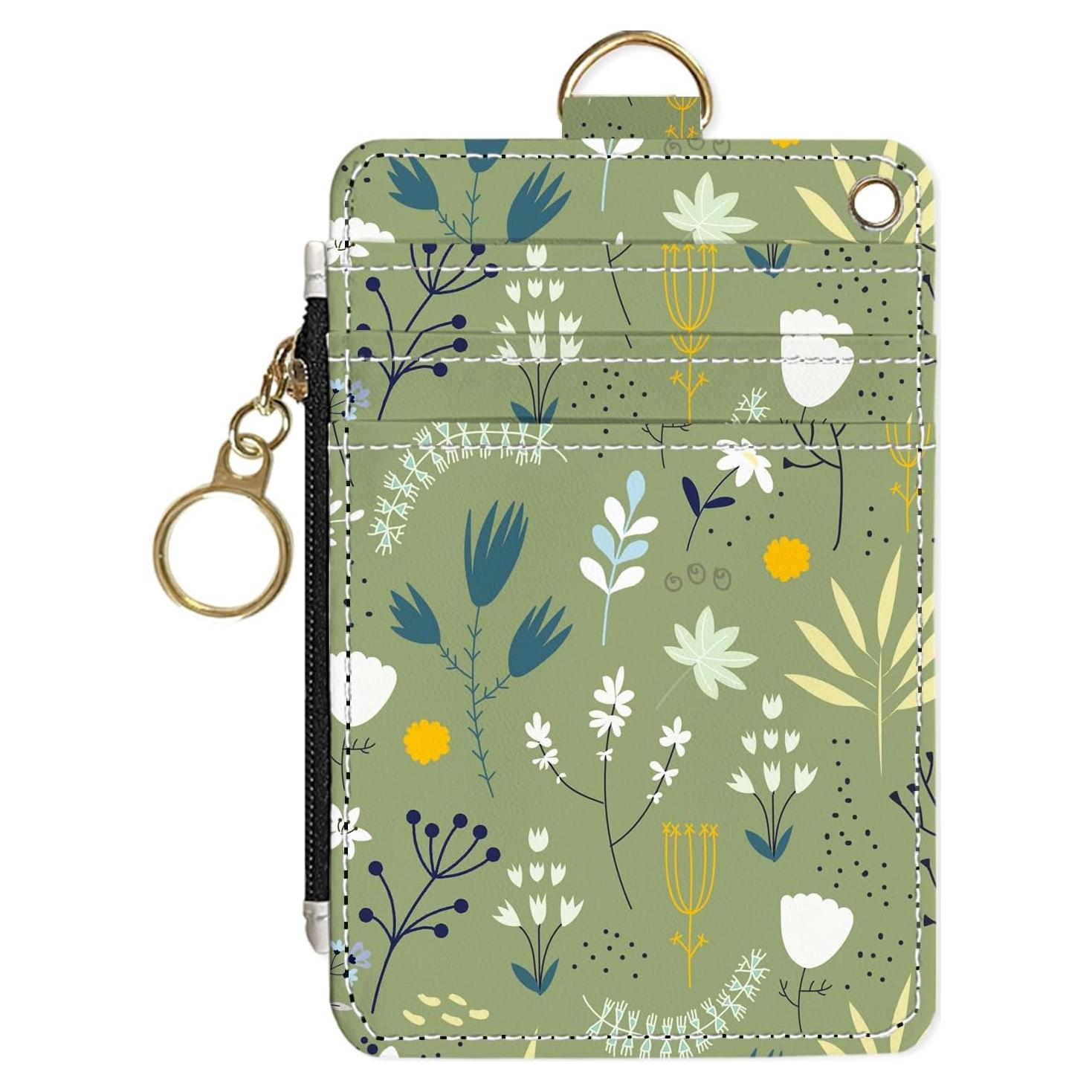 Billetera delgada RFID para mujeres - Flores verde hierba - PU