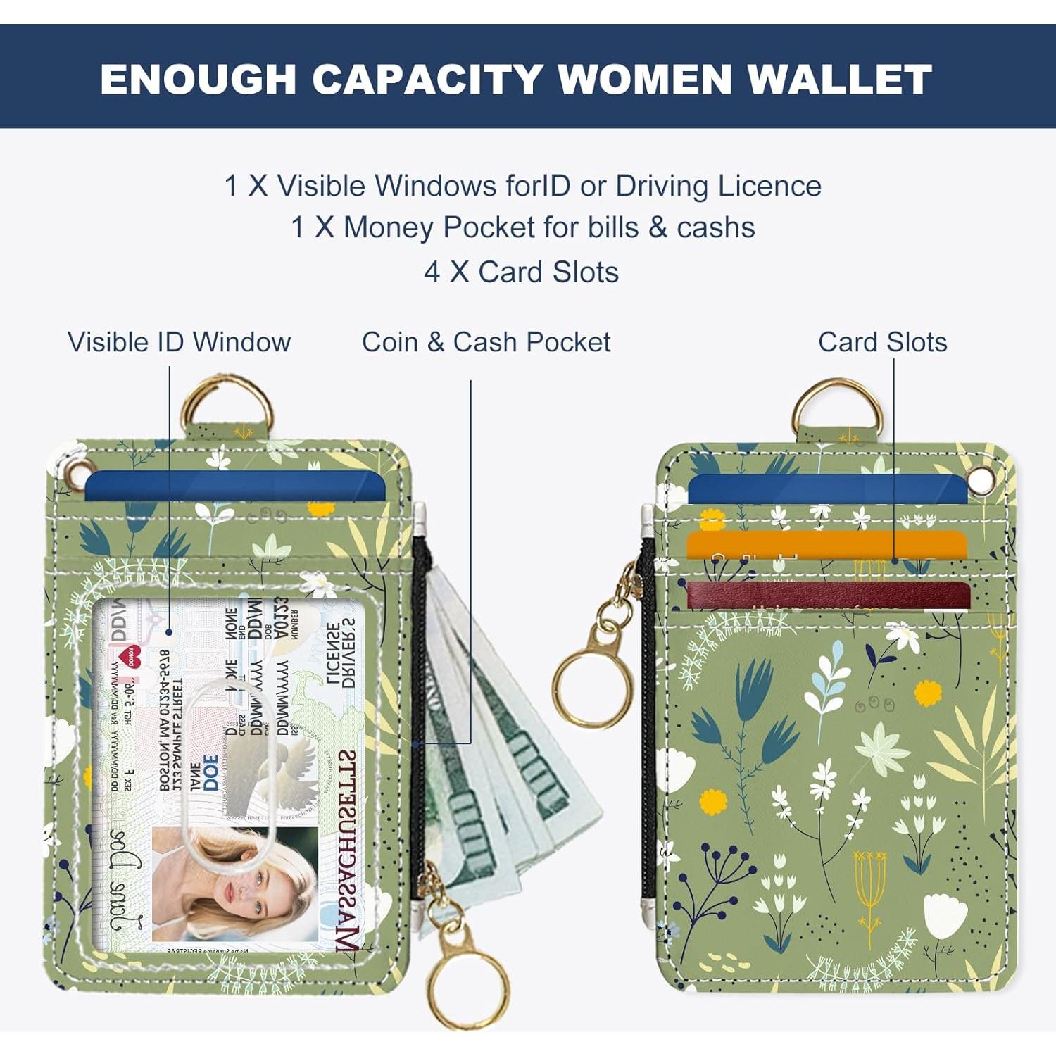 Billetera delgada RFID para mujeres - Flores verde hierba - PU