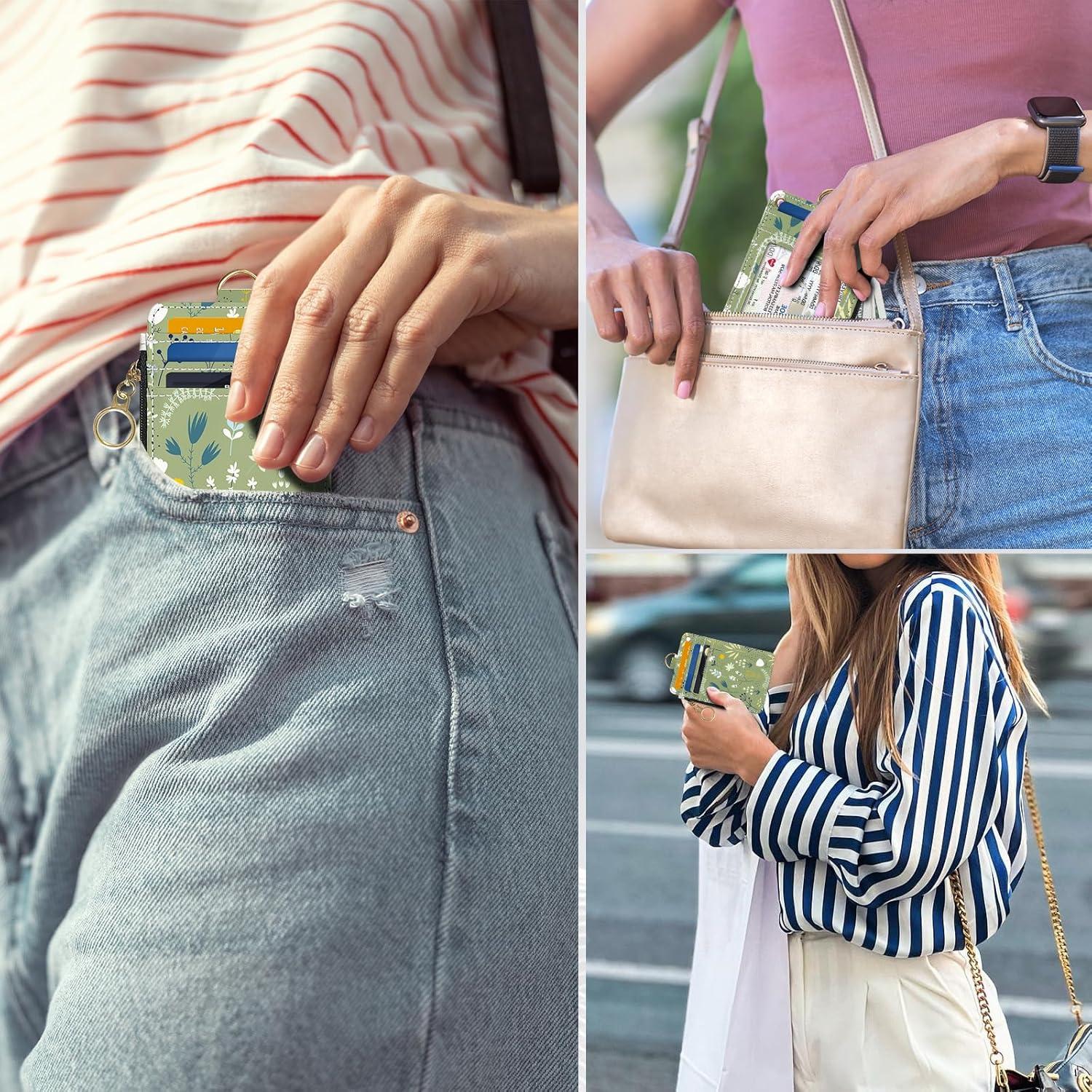 Billetera delgada RFID para mujeres - Flores verde hierba - PU