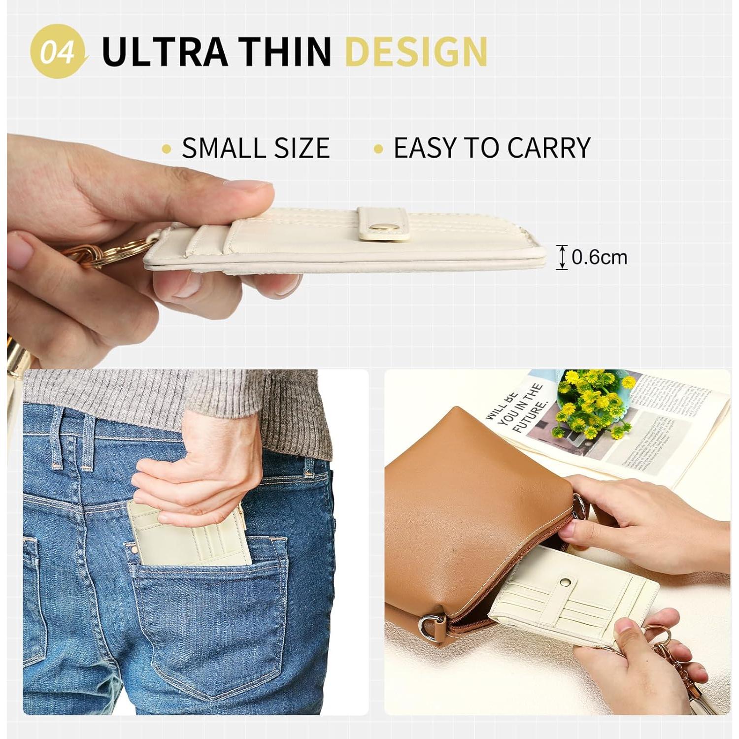 Cartera Slim de Cuero PU SUIKIHUM Beige - 8 Ranuras para Tarjetas