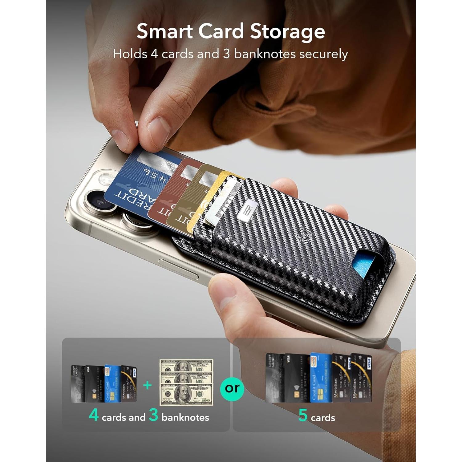 Cartera MagSafe ESR con Find My, RFID, 5 Tarjetas, Fibra Carbono