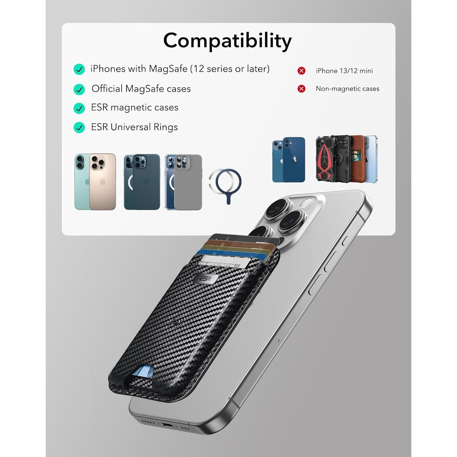 Cartera MagSafe ESR con Find My, RFID, 5 Tarjetas, Fibra Carbono