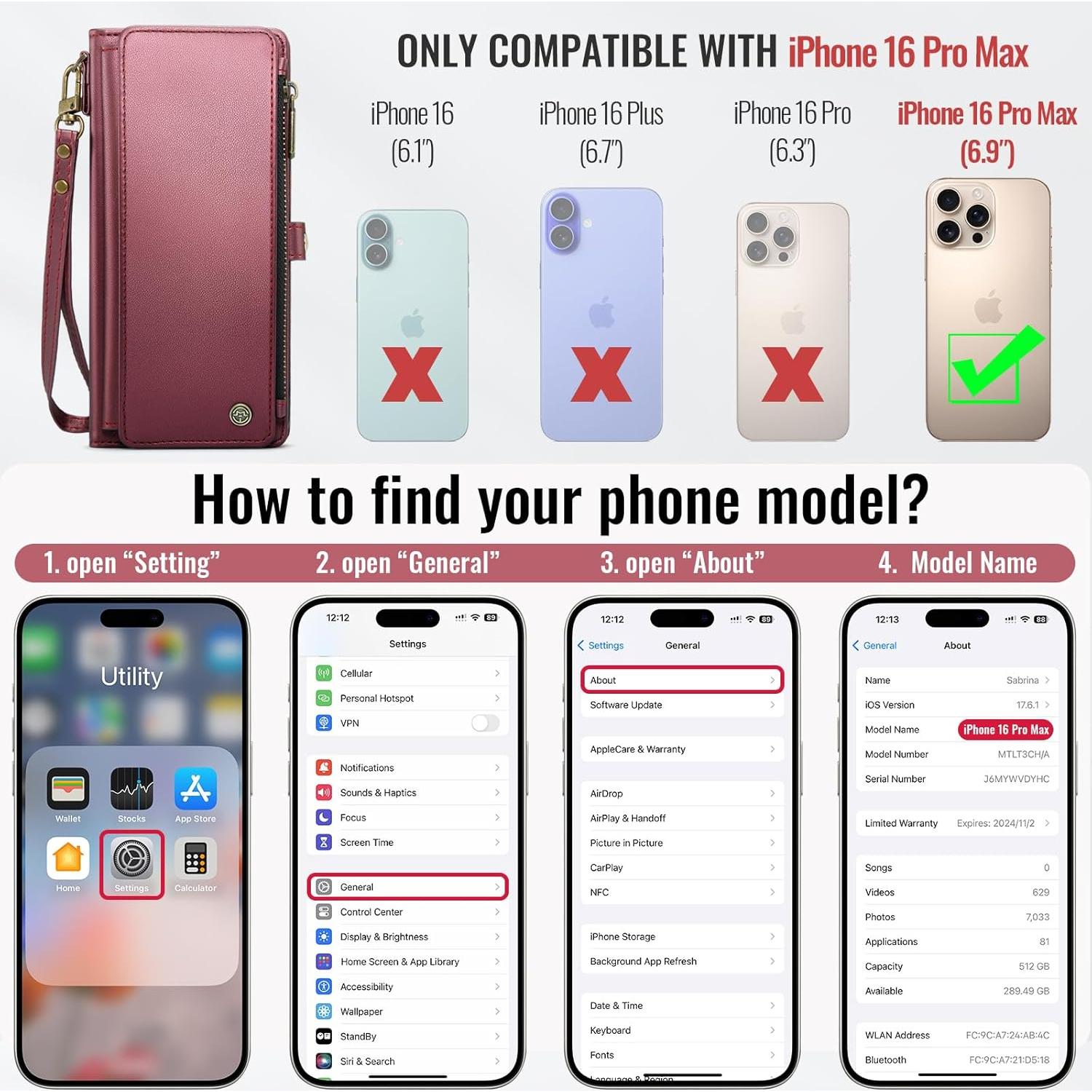 Funda Cartera Defencase para iPhone 16 Pro Max 6.9" Rojo Vino