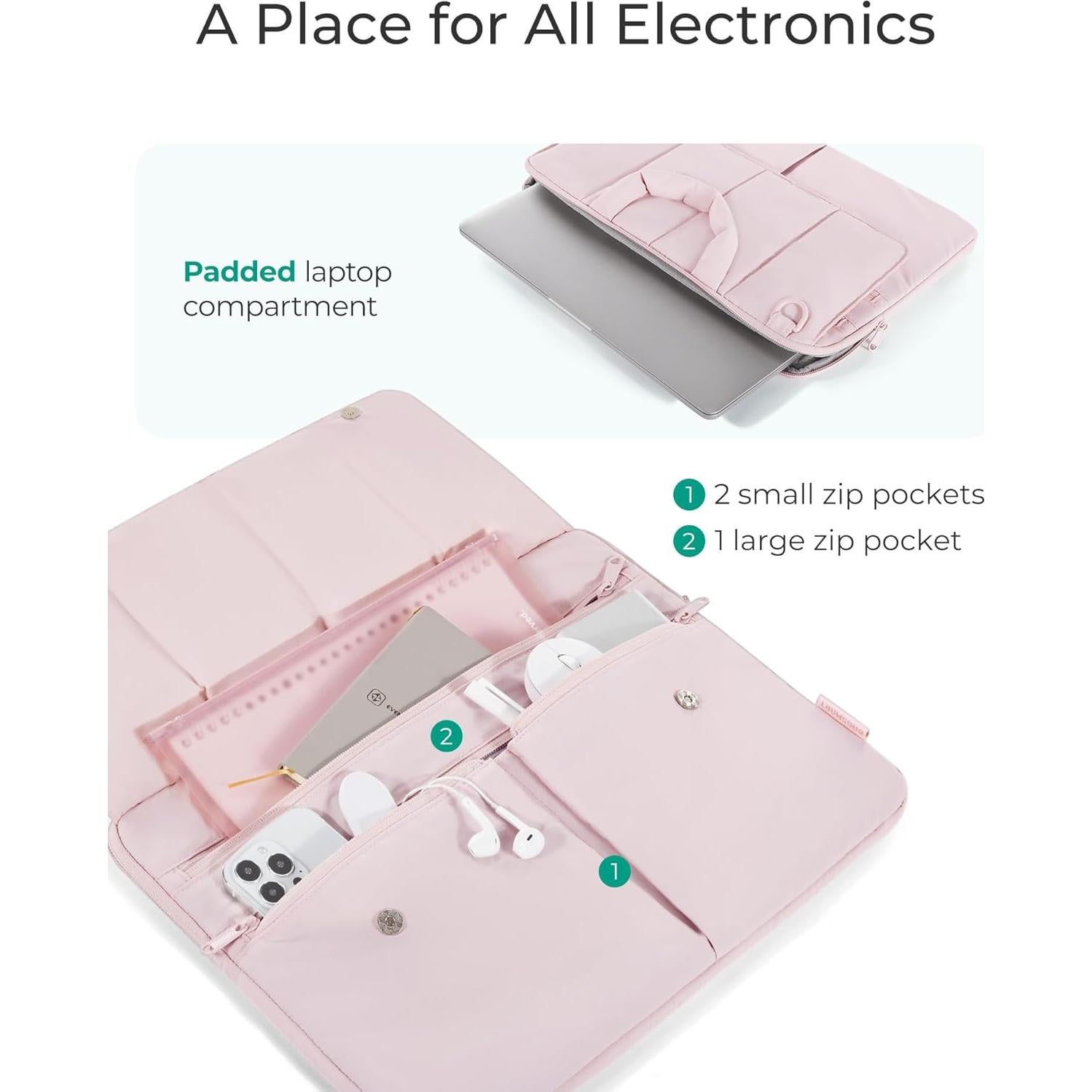 BAGSMART 13-14 Inch Laptop Case Sleeve, Protective Lightweight Puffy Laptop Bag with strap for MacBook Air/Pro, Shockproof Water Resistant Laptop Cover Compatible for 13.3 Dell HP Lenovo Asus, Pink