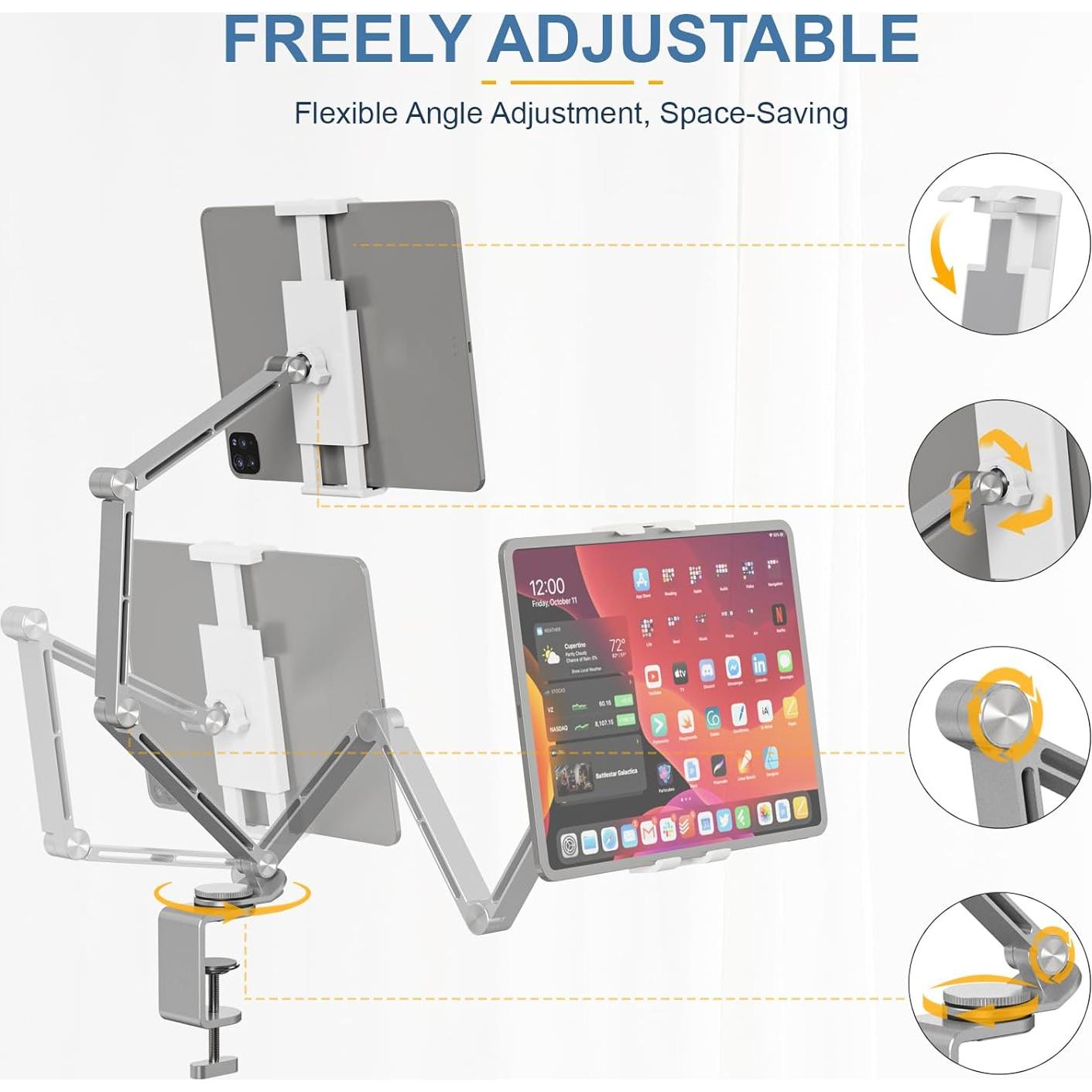 Tablet Stand Holder, Adjustable Foldable Tablet Arm iPad Desk Mount with 360°Rotate Base, Phone Holder iPad Stand for Desk and Bed, Compatible with Tablets, Phones or Other 4-15.6" Device