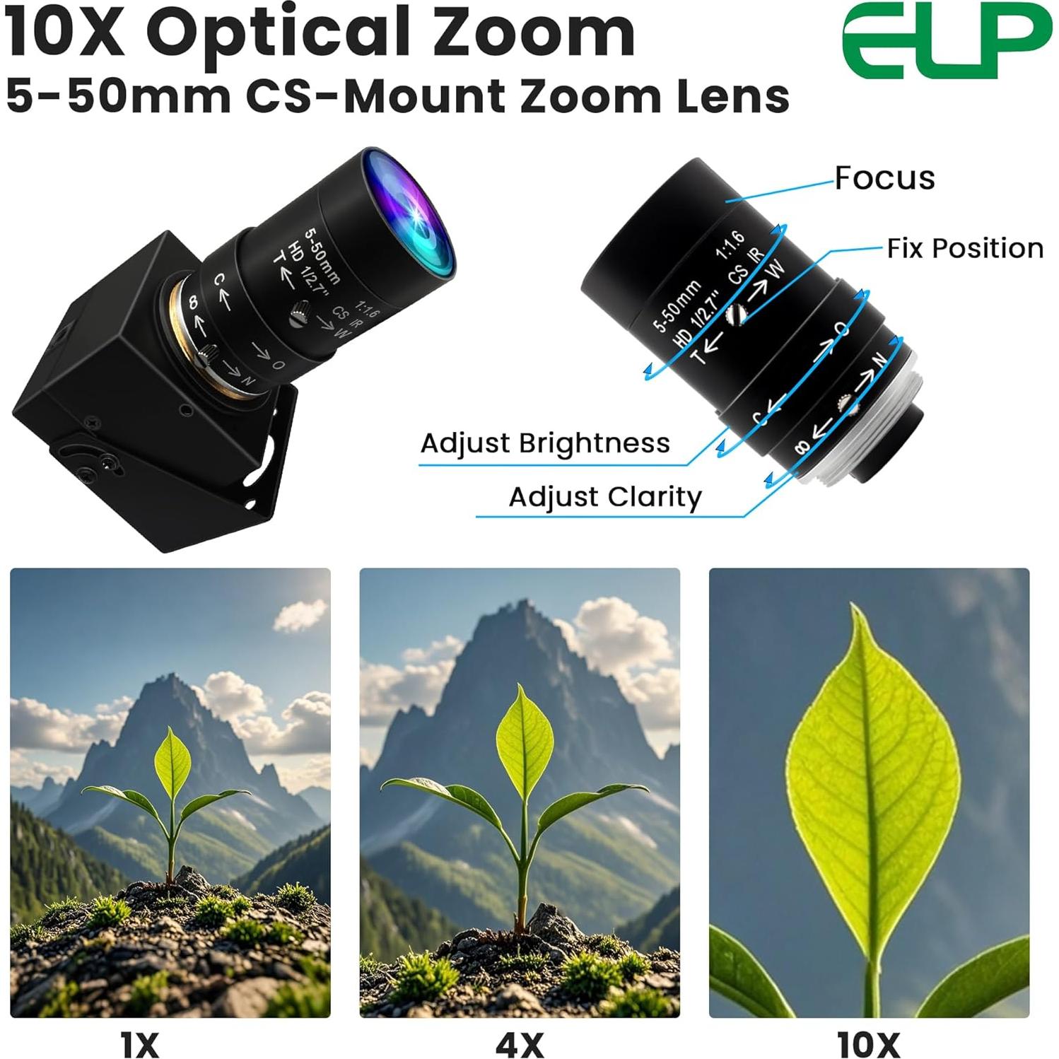 Cámara Web USB ELP 5MP 10X Zoom 1440P Alta Velocidad