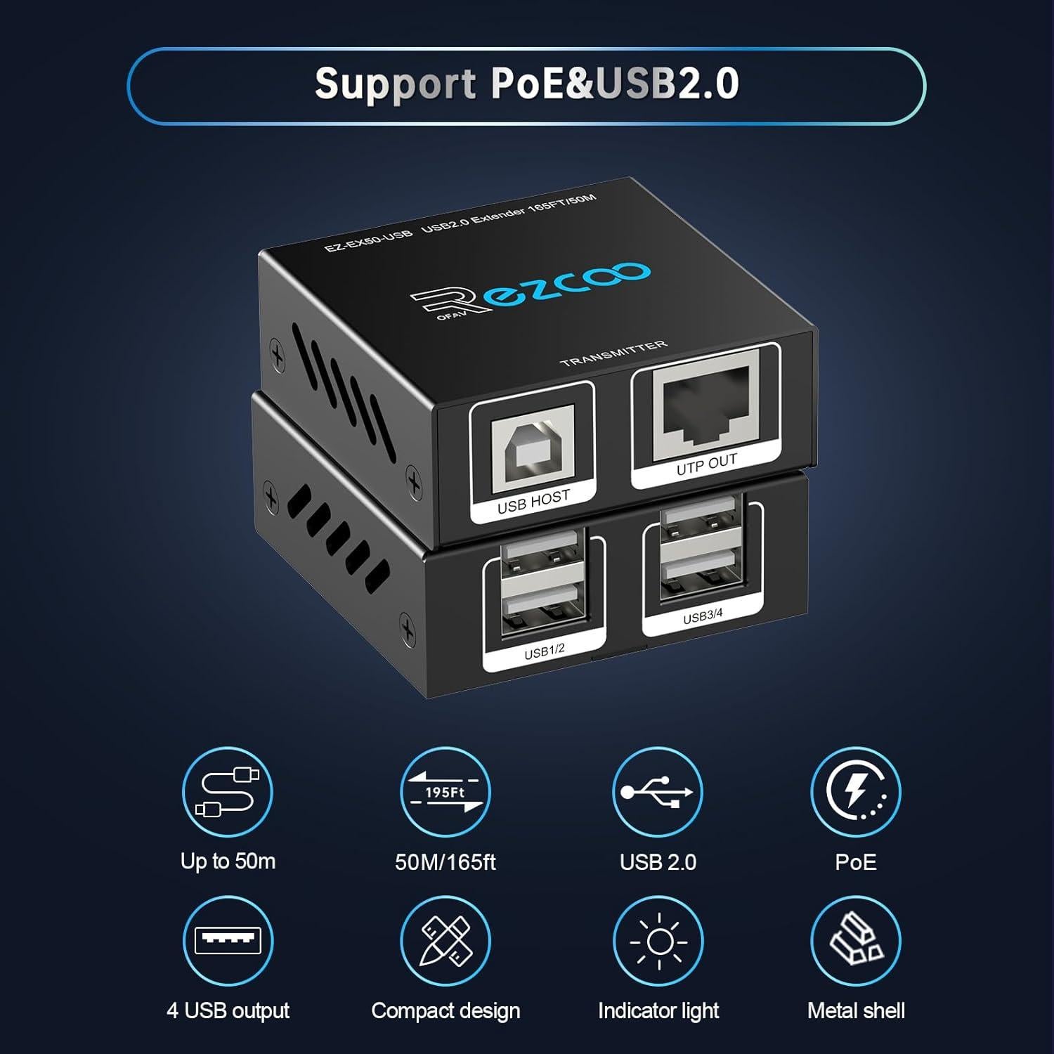 Extensor USB 50m EZCOO HUB 4 Puertos USB2.0 sobre Ethernet