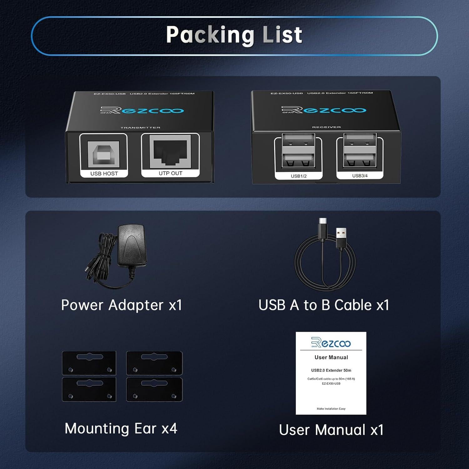 Extensor USB 50m EZCOO HUB 4 Puertos USB2.0 sobre Ethernet