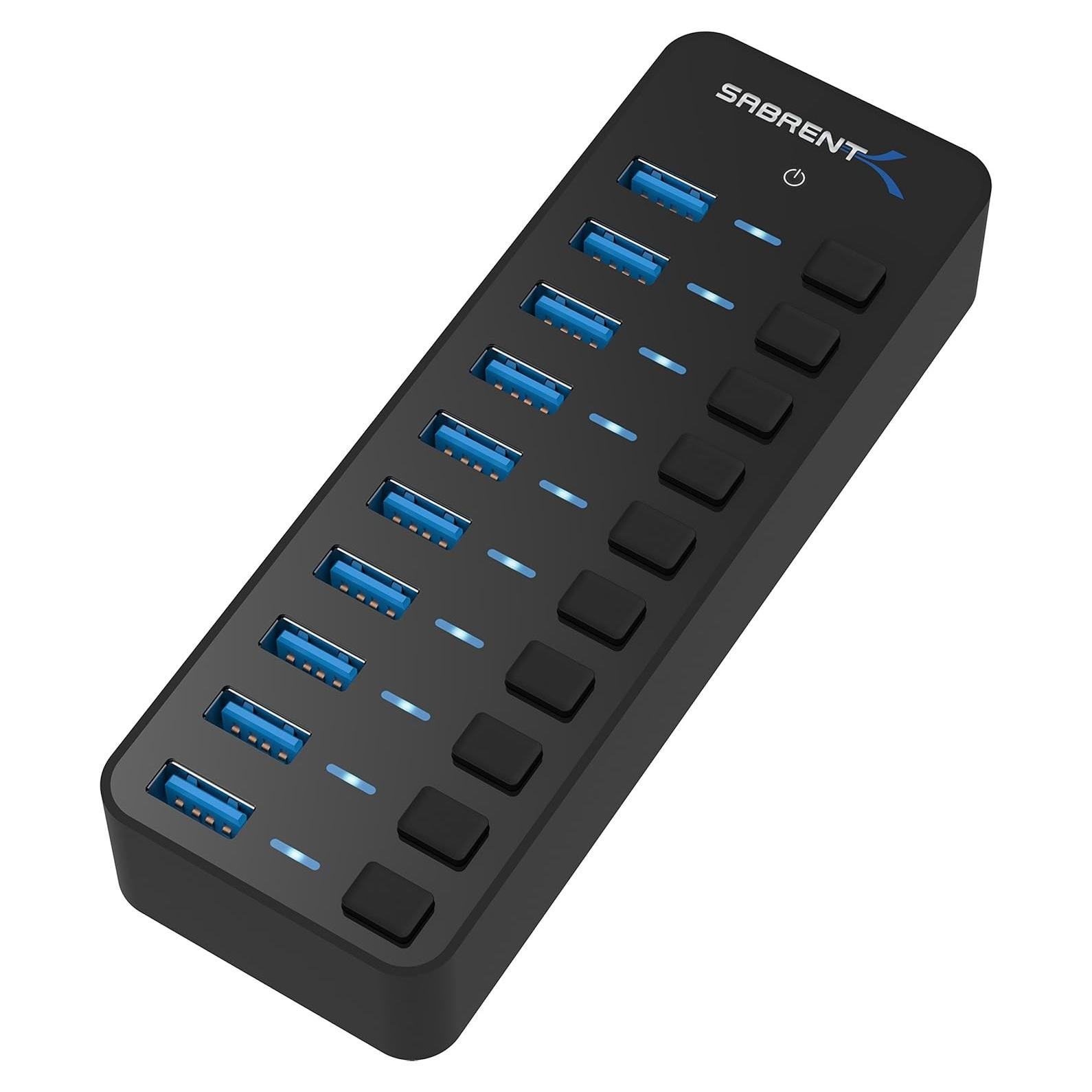 Hub USB 3.0 Sabrent 10 Puertos 60W con Interruptores LED