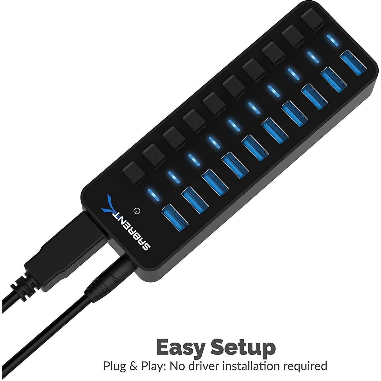 Hub USB 3.0 Sabrent 10 Puertos 60W con Interruptores LED